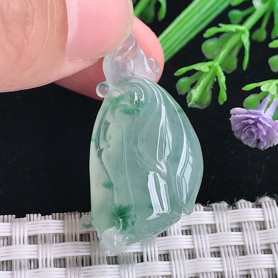 自然光33.6/18.2/8.8老坑冰种果冻胶飘花莲蓬吊坠翡翠玉坠挂件