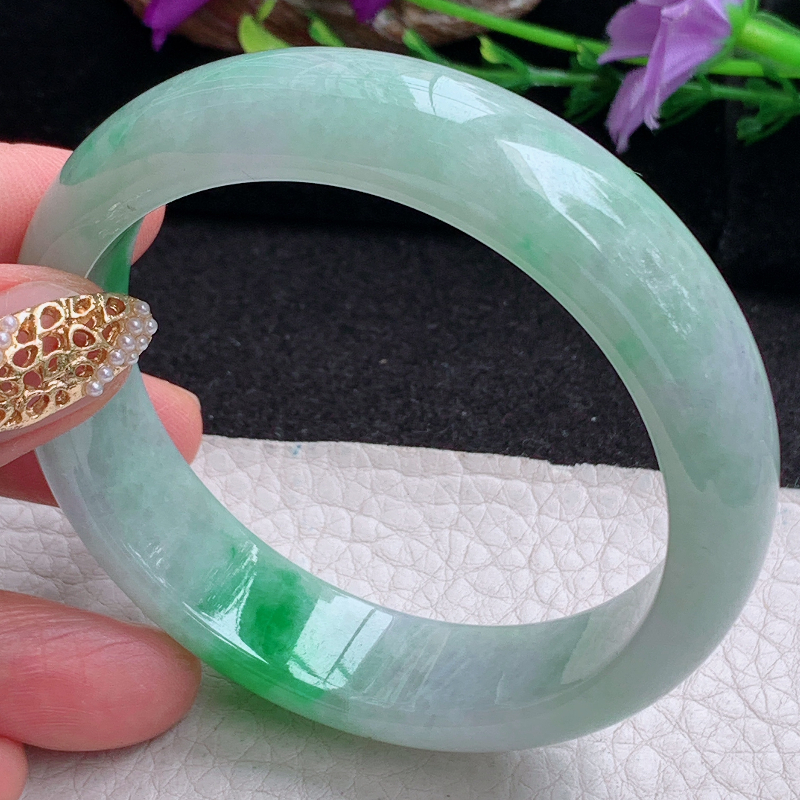 ss实拍56.8*15*8轮胎镯 天然缅甸翡翠手镯飘阳绿正圈玉镯子