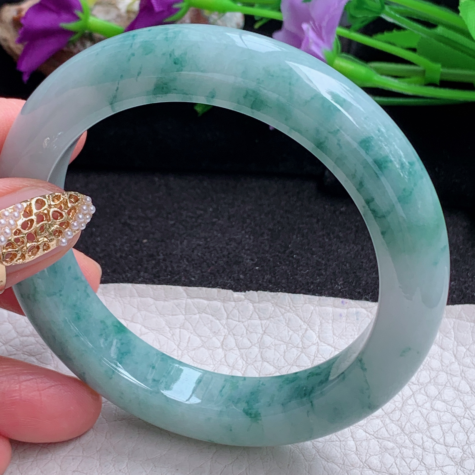 ss实拍58.8*12.5*10.5平安镯 天然缅甸翡翠手镯飘花厚装正圈玉镯子