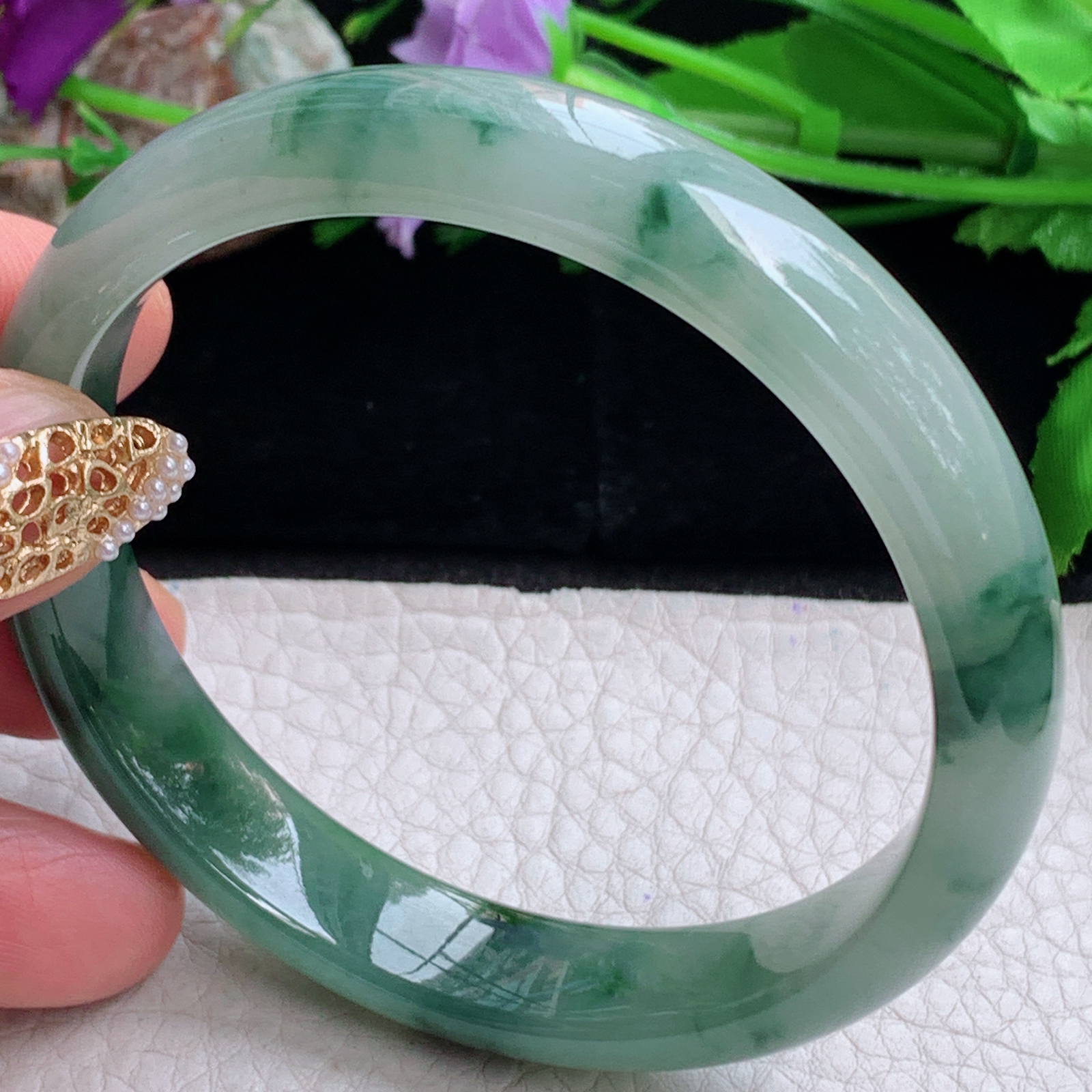 js实拍59*12*7平安镯 天然缅甸翡翠a货手镯冰飘花正圈玉镯子