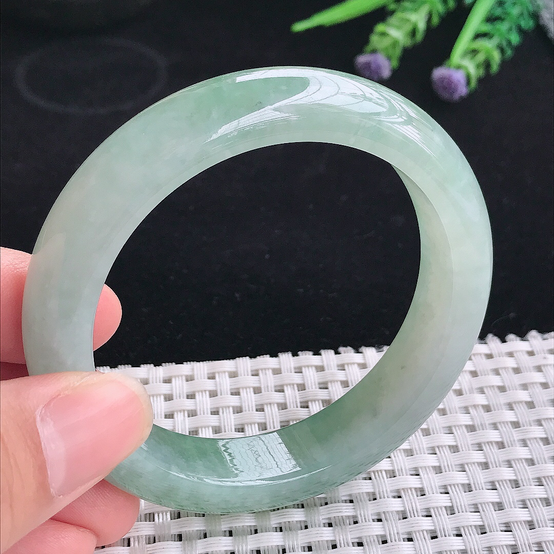 实拍A货翡翠56/13.5/9老坑冰胶冰晴绿手镯翡翠宽边玉镯平安镯