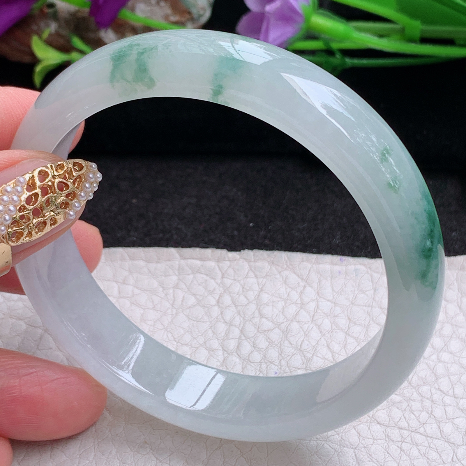 pj实拍58*13*7.2平安镯 天然缅甸翡翠手镯冰飘花厚装正圈玉镯子