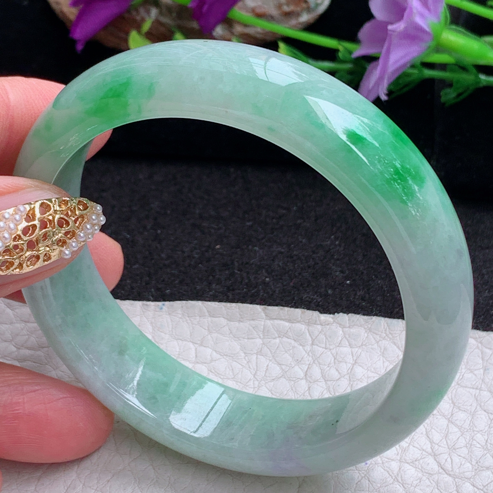 ss实拍56.8*15*8轮胎镯 天然缅甸翡翠手镯飘阳绿正圈玉镯子