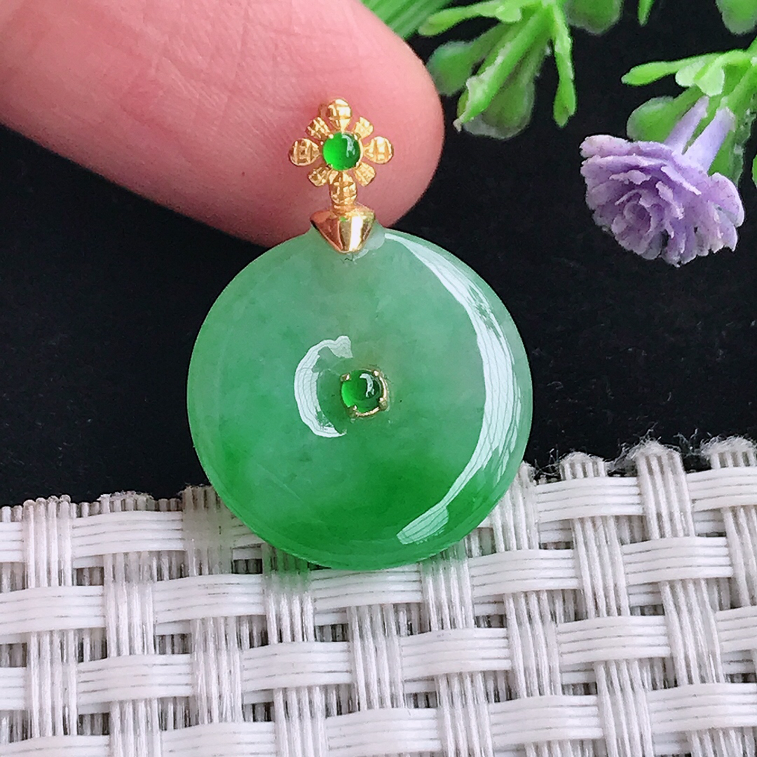 自然光18.4/4老坑18k金镶嵌满绿冰阳绿平安扣吊坠翡翠玉扣挂件