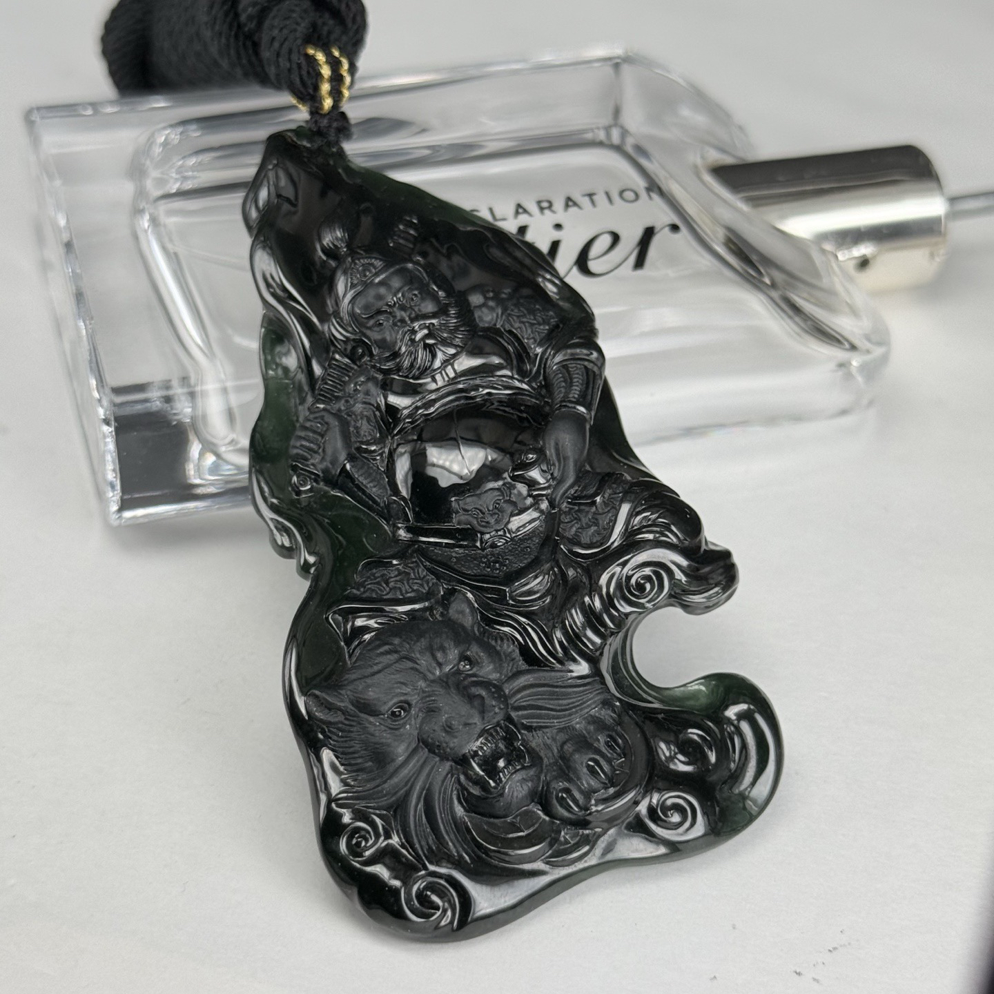 墨翠赵公明 瑞丽工 万仞八级玉雕大师作品  种好色正 黑度极好 打灯通透 油性十足 尺寸87