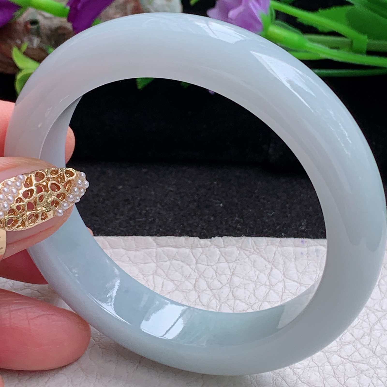 z实拍54.5*13.2*8.8平安镯 天然缅甸翡翠a货手镯淡蓝紫底正圈玉镯子