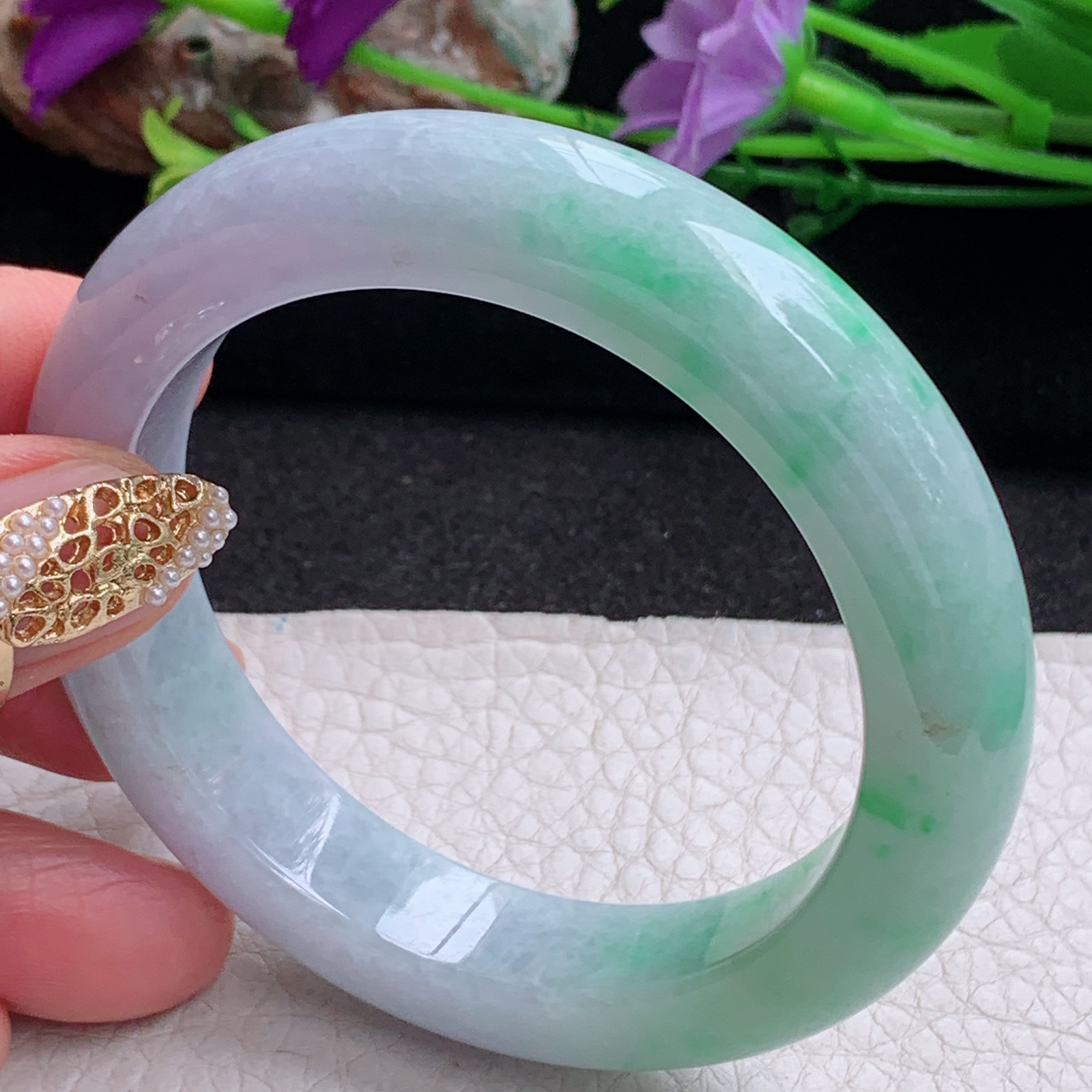 fx实拍54.5*12.8*9.6平安镯 天然缅甸翡翠a货手镯春带彩厚装正圈玉镯子