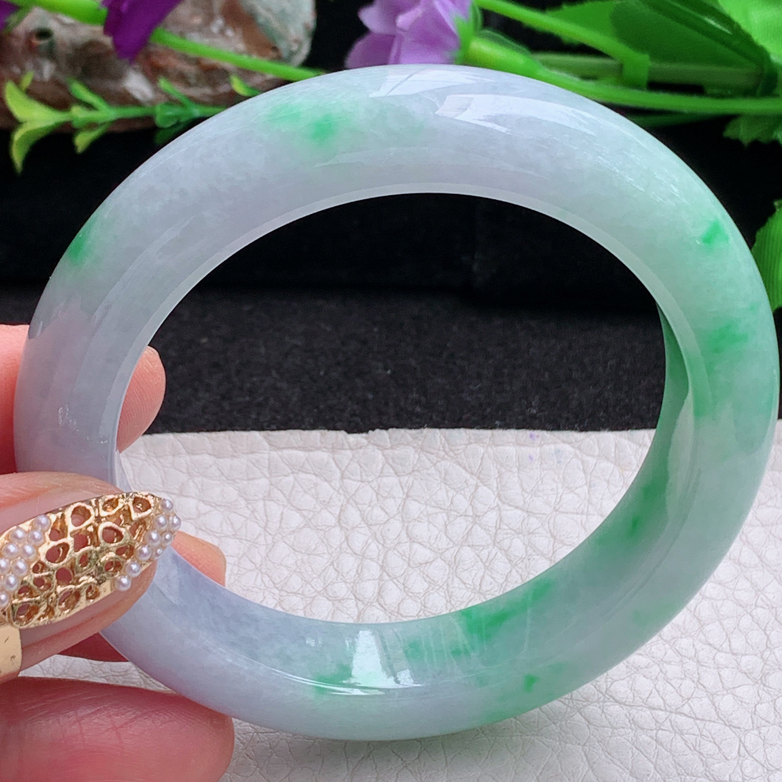 fx实拍54.5*12.8*9.6平安镯 天然缅甸翡翠a货手镯春带彩厚装正圈玉镯子