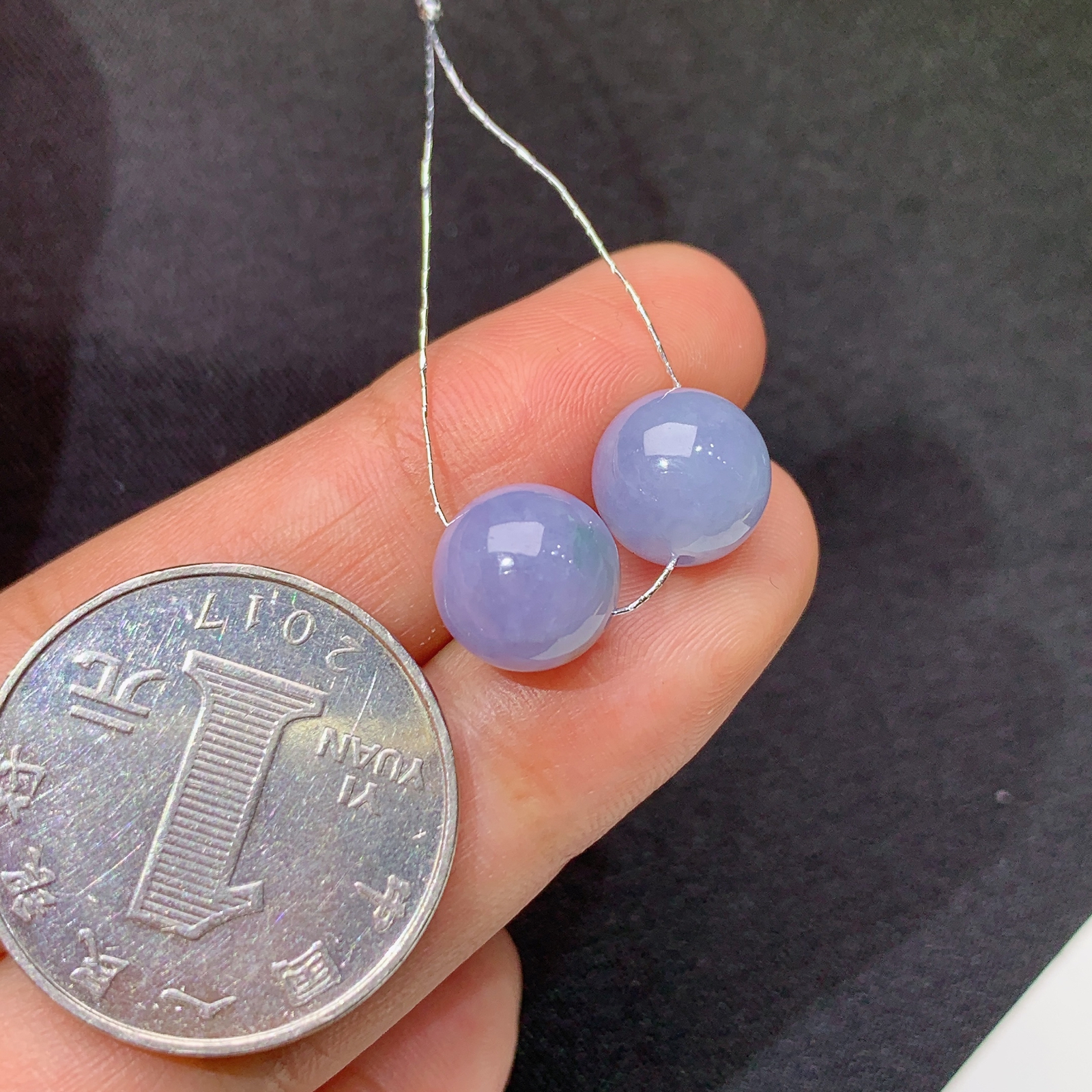 冰紫罗兰圆珠一对，镶嵌佳品，冰润鲜艳，种水足 Be 尺寸9.3