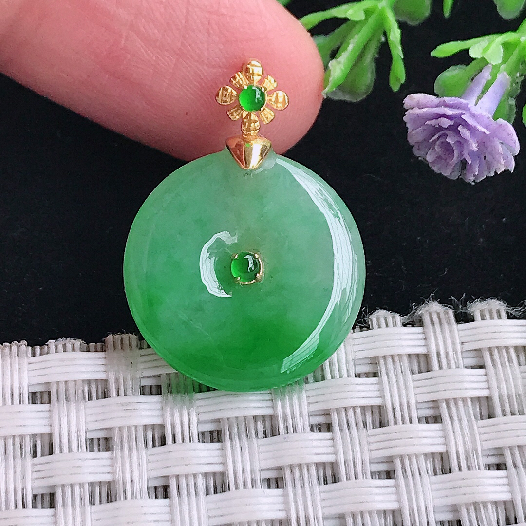 自然光18.4/4老坑18k金镶嵌满绿冰阳绿平安扣吊坠翡翠玉扣挂件