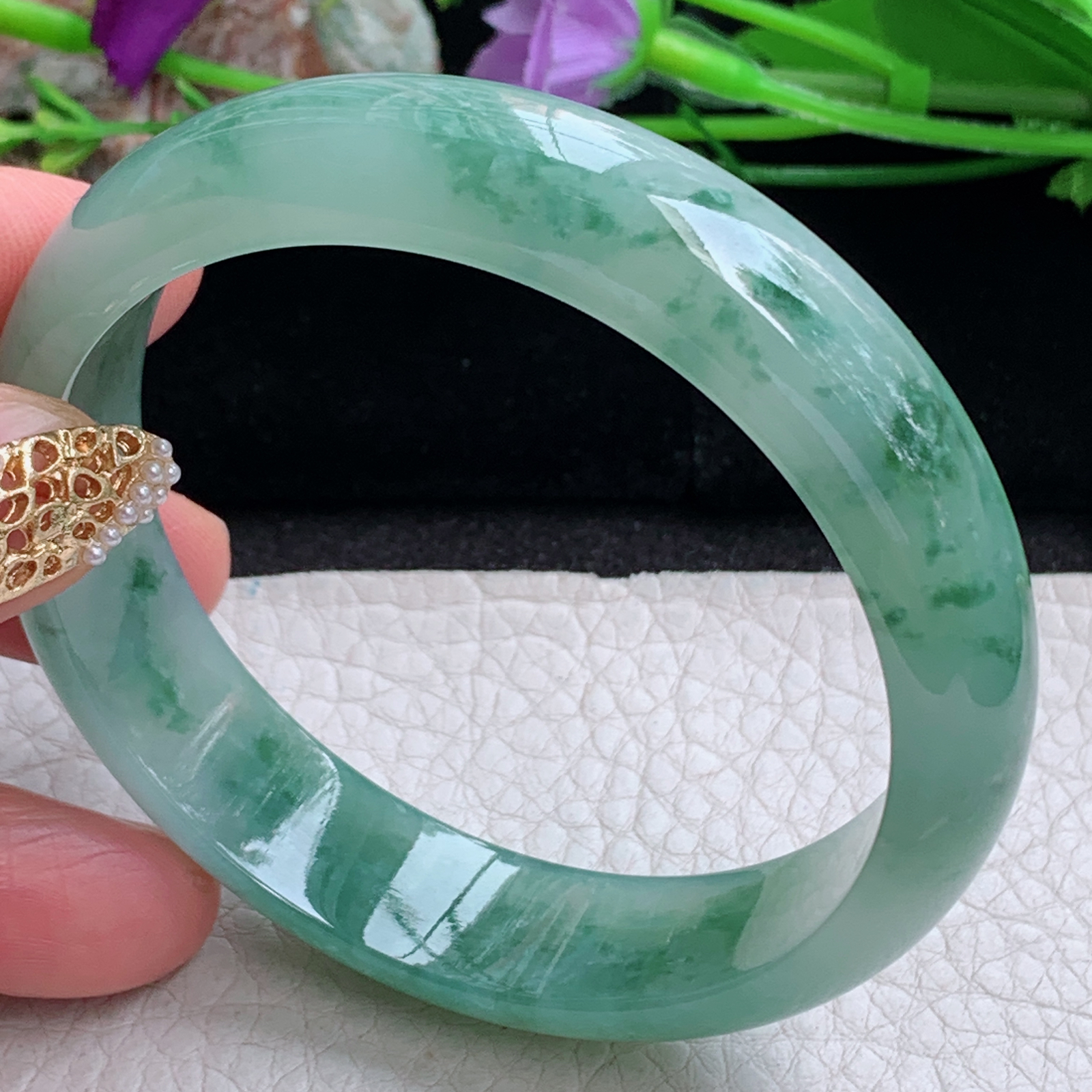 js实拍58*14.3*7平安镯 天然缅甸翡翠a货手镯冰飘花正圈玉镯子