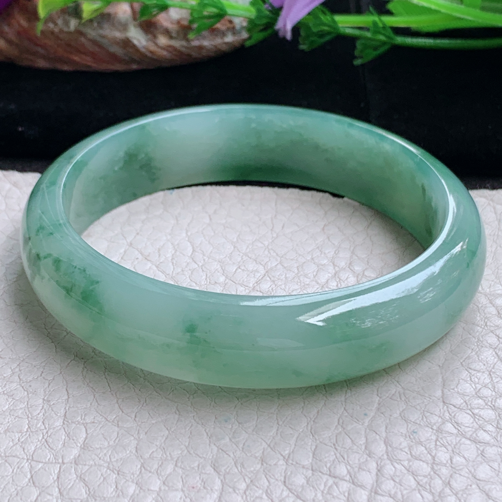 js实拍58*14.3*7平安镯 天然缅甸翡翠a货手镯冰飘花正圈玉镯子