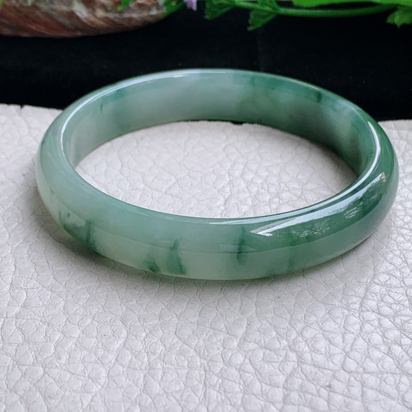 js实拍59*12*7平安镯 天然缅甸翡翠a货手镯冰飘花正圈玉镯子