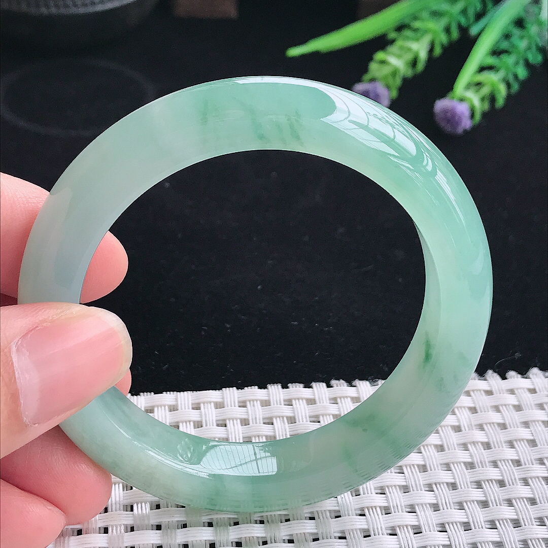 实拍A货翡翠53/11.3/9.1老坑冰胶果冻冰晴飘花手镯平安镯