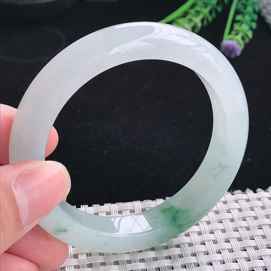 实拍A货翡翠55/11.8/9.2老坑冰透起胶冰飘花手镯翡翠宽边玉镯平安镯