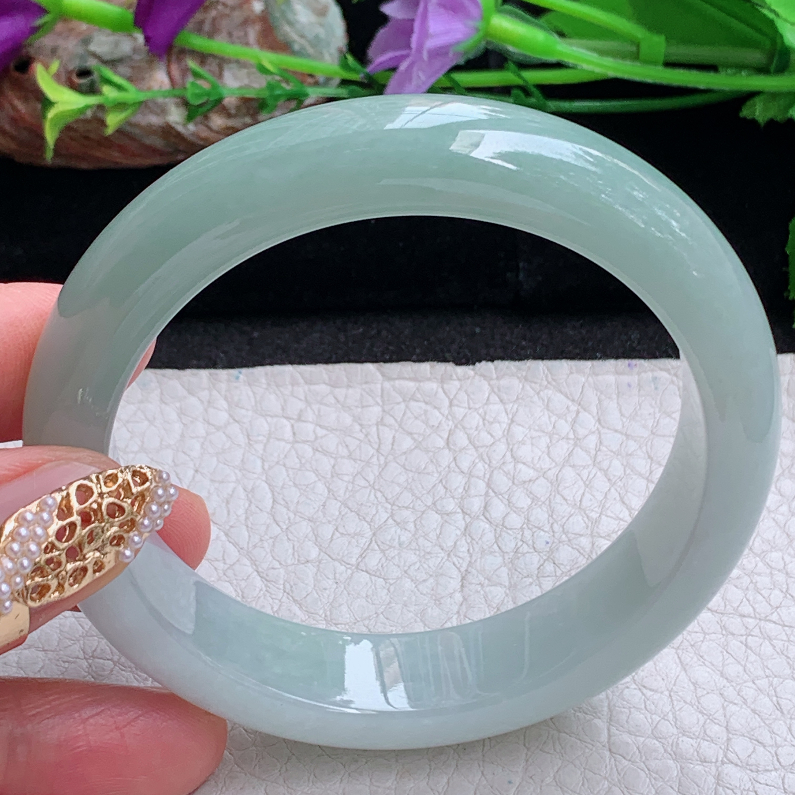 js实拍58*14*8.6招财镯 天然缅甸翡翠a货手镯半山水正圈玉镯子