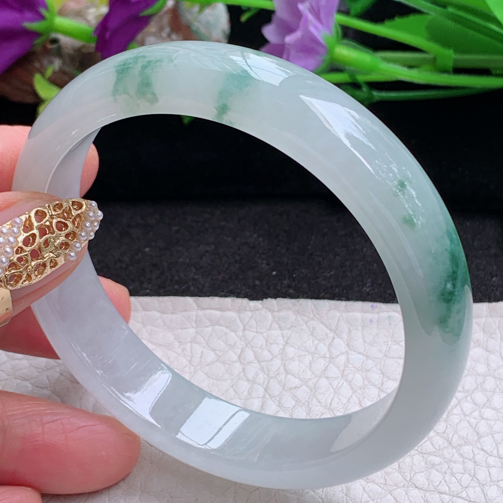 pj实拍58*13*7.2平安镯 天然缅甸翡翠手镯冰飘花厚装正圈玉镯子