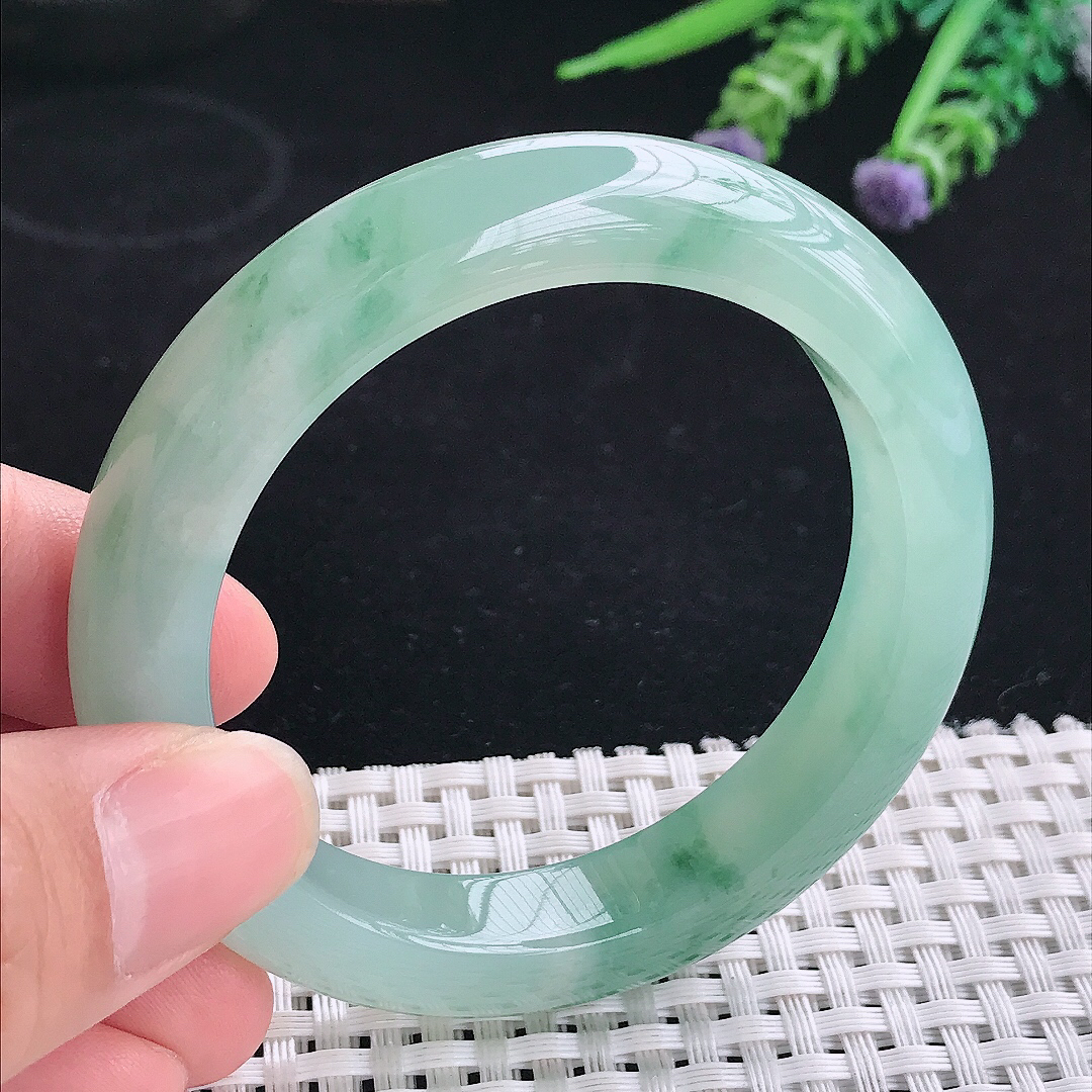 实拍A货翡翠53/11.3/9.1老坑冰胶果冻冰晴飘花手镯平安镯