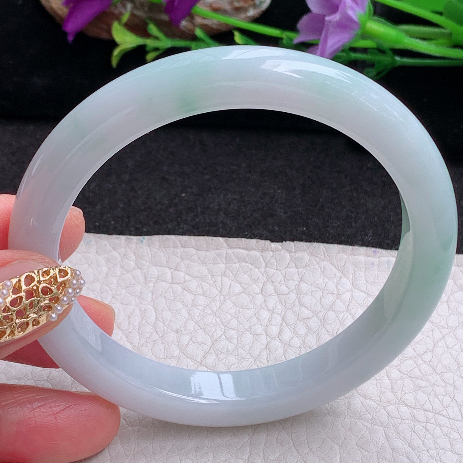 hy大圈口60.8*9.8*8.3平安镯 天然缅甸翡翠手镯飘绿胶感正圈玉镯子