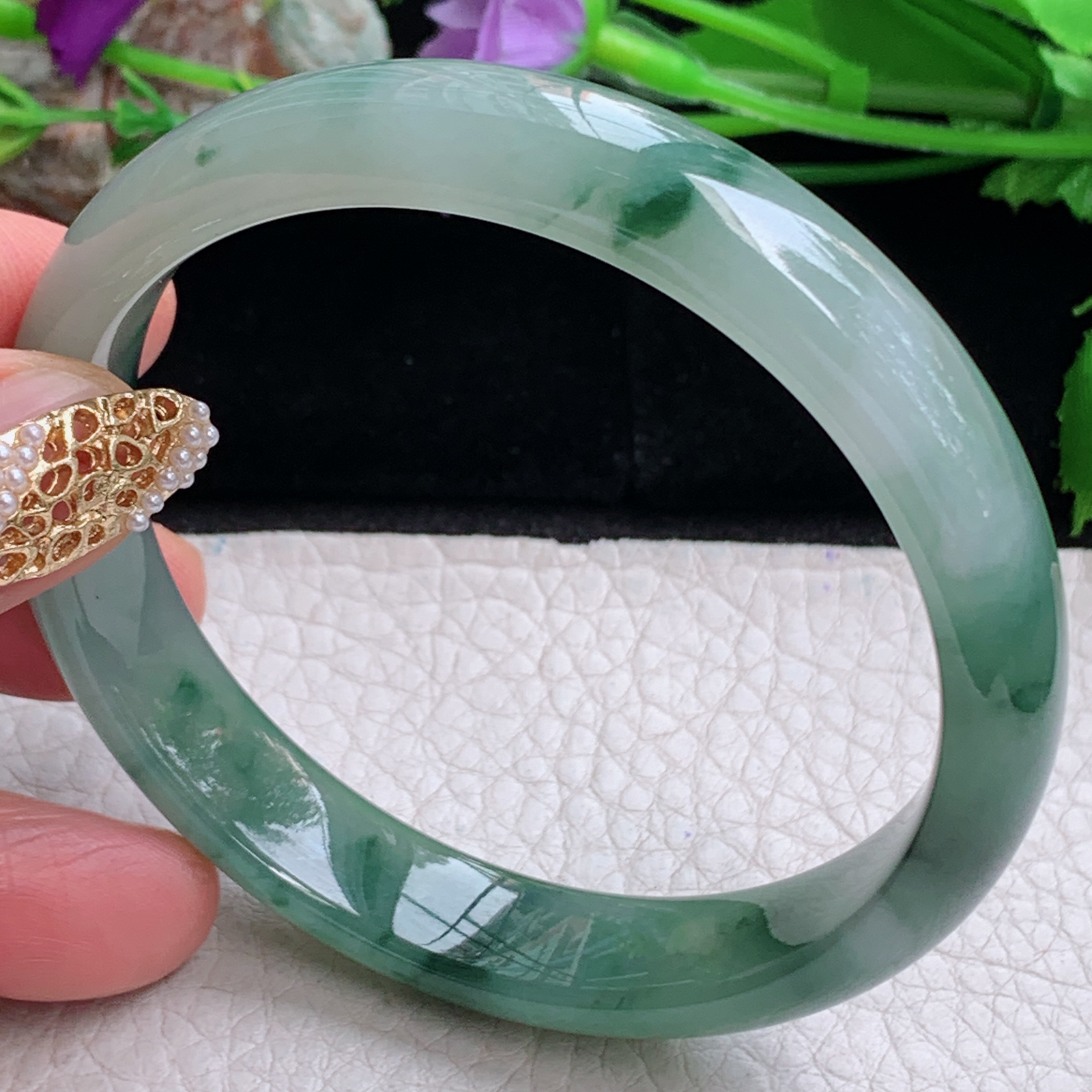 js实拍59*12*7平安镯 天然缅甸翡翠a货手镯冰飘花正圈玉镯子