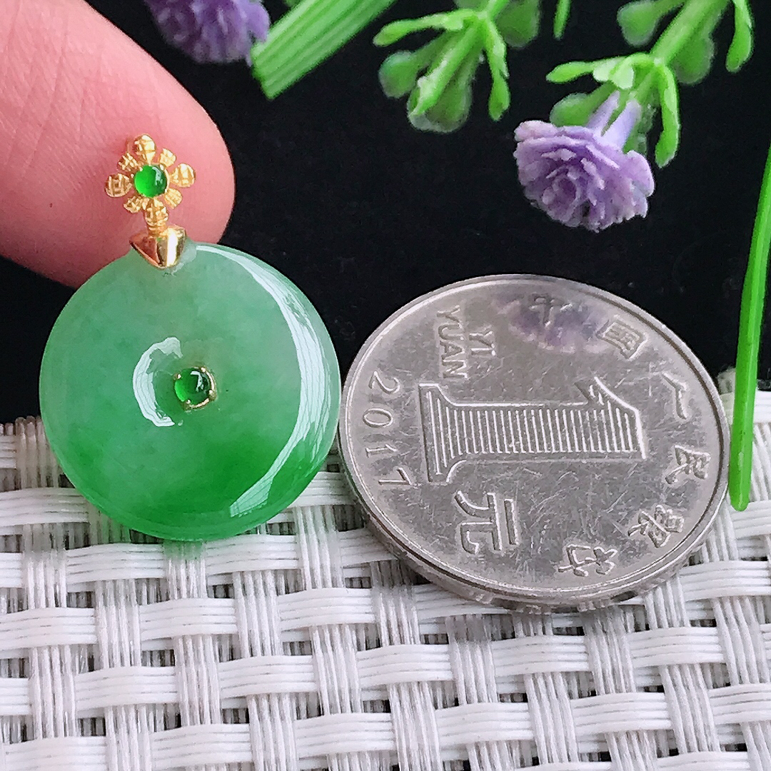 自然光18.4/4老坑18k金镶嵌满绿冰阳绿平安扣吊坠翡翠玉扣挂件
