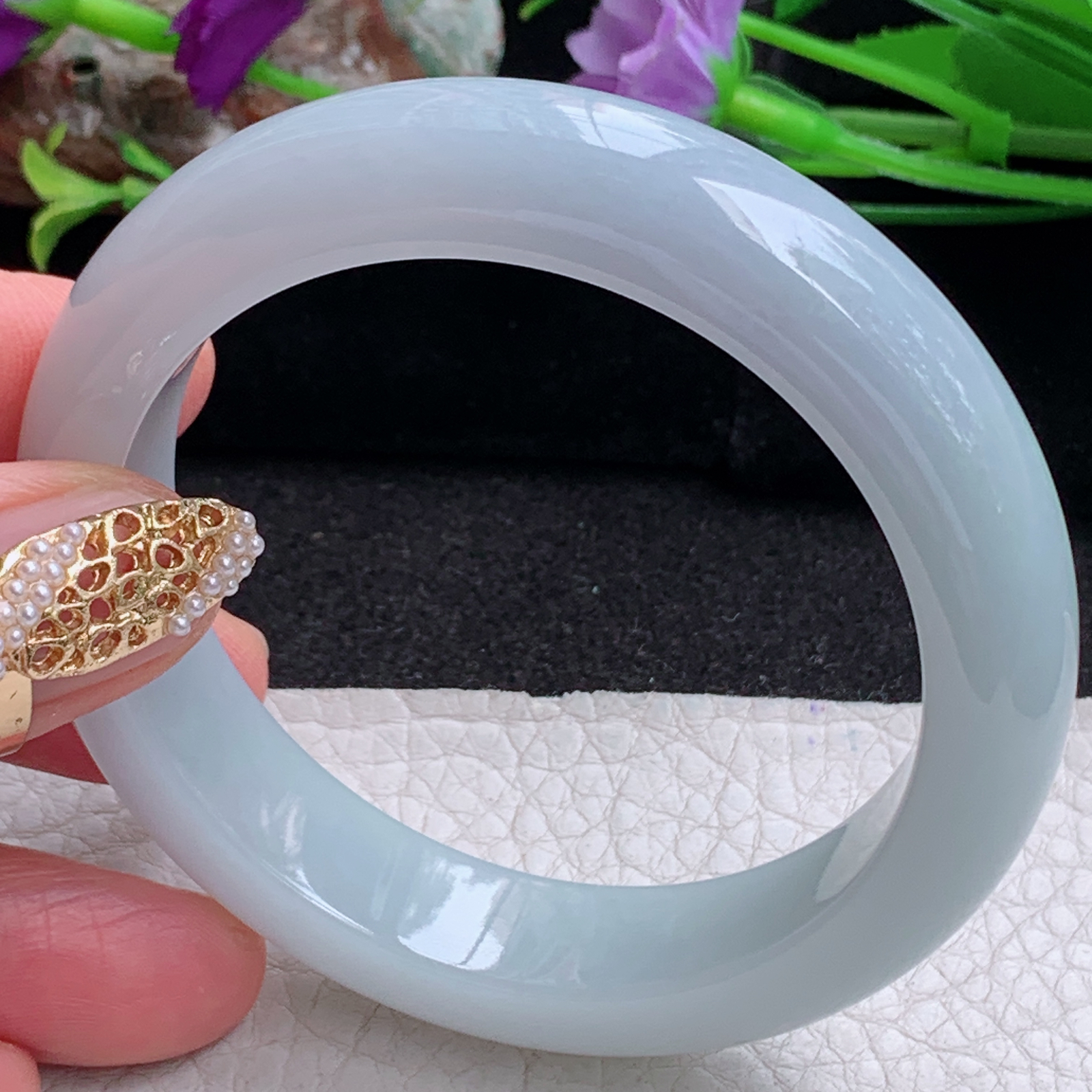 z实拍54.5*13.2*8.8平安镯 天然缅甸翡翠a货手镯淡蓝紫底正圈玉镯子