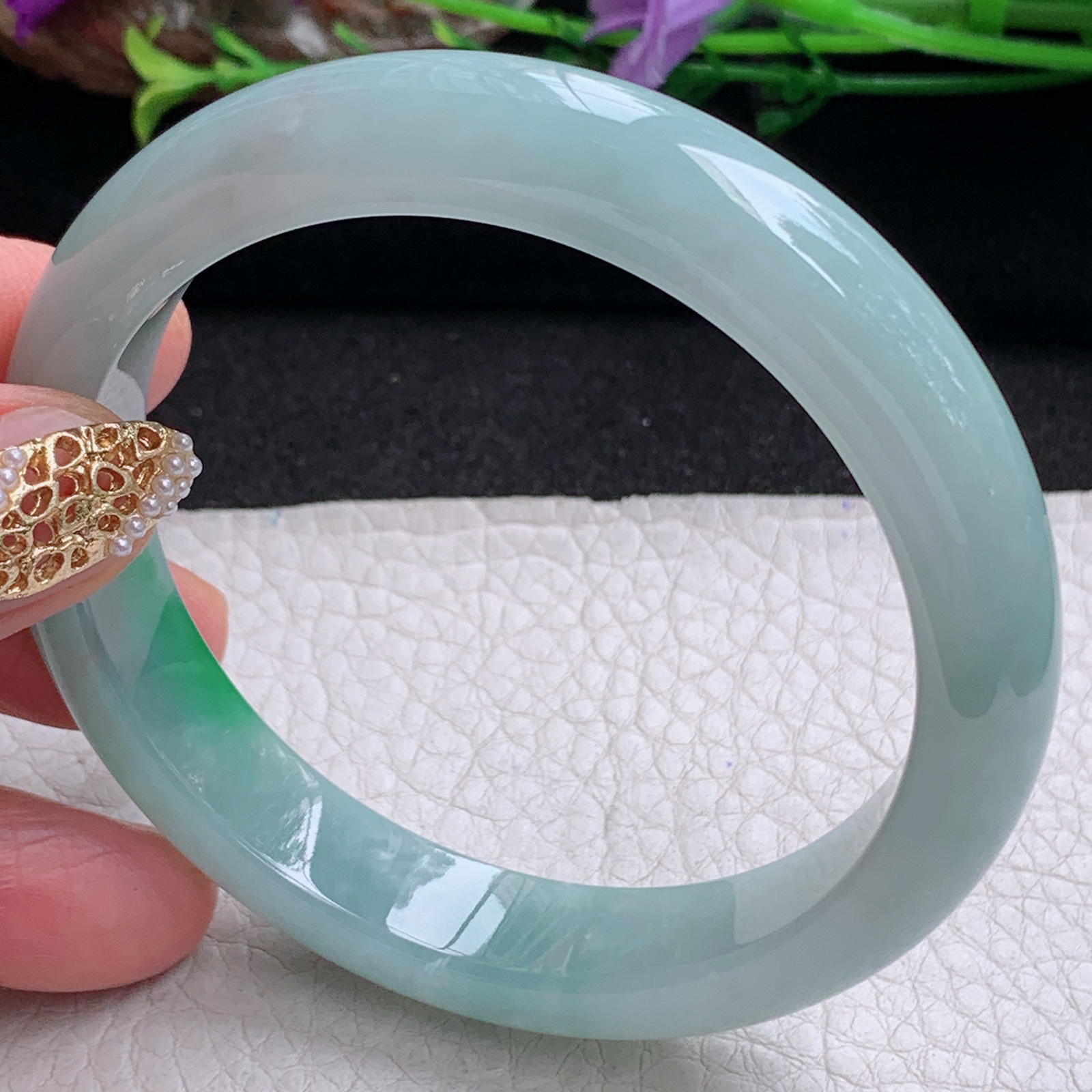 fx实拍58.5*12.5*8平安镯 天然缅甸翡翠a货手镯冰胶飘绿正圈玉镯子