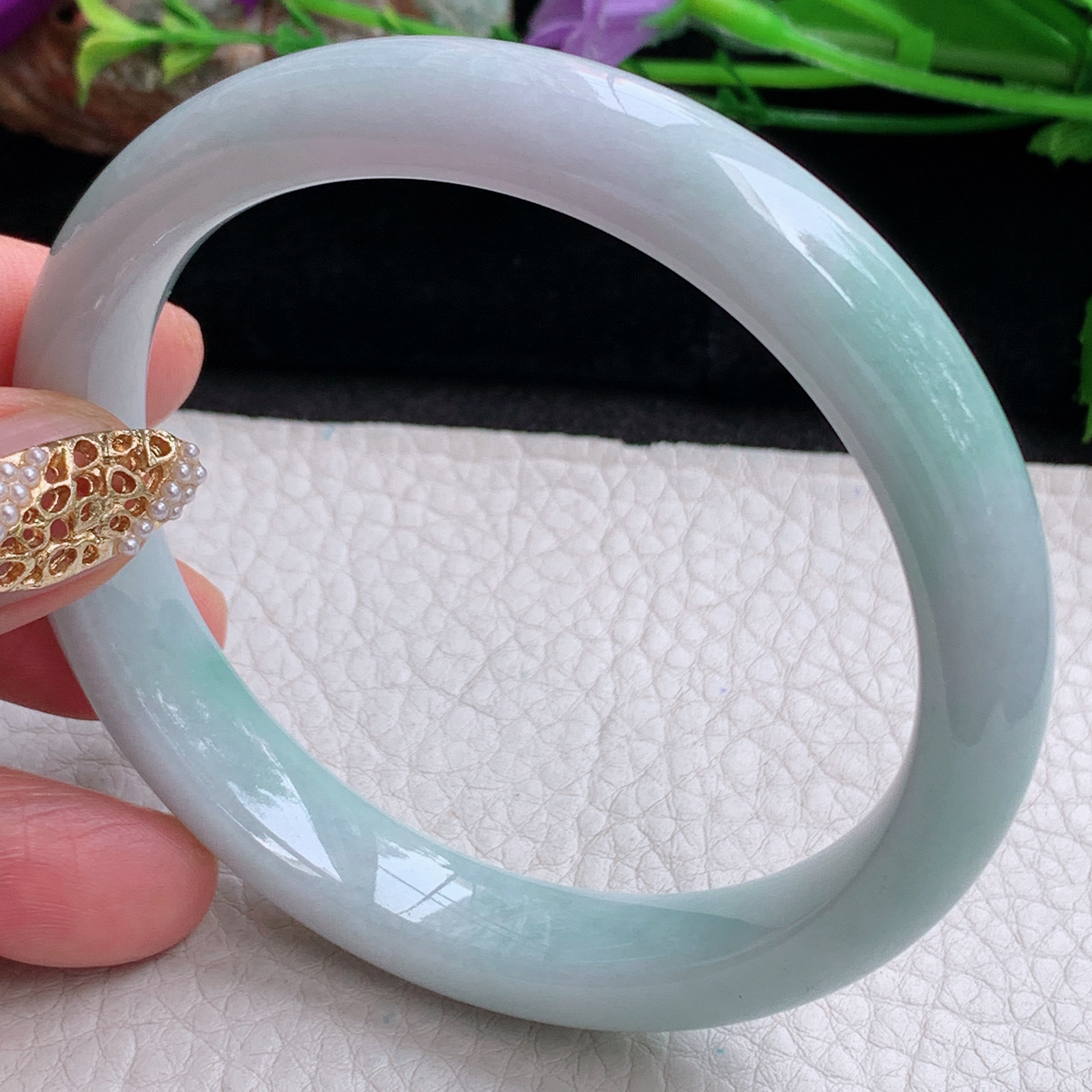 js大圈口61.5*11.5*8.3平安镯 天然缅甸翡翠a货手镯飘绿正圈玉镯子