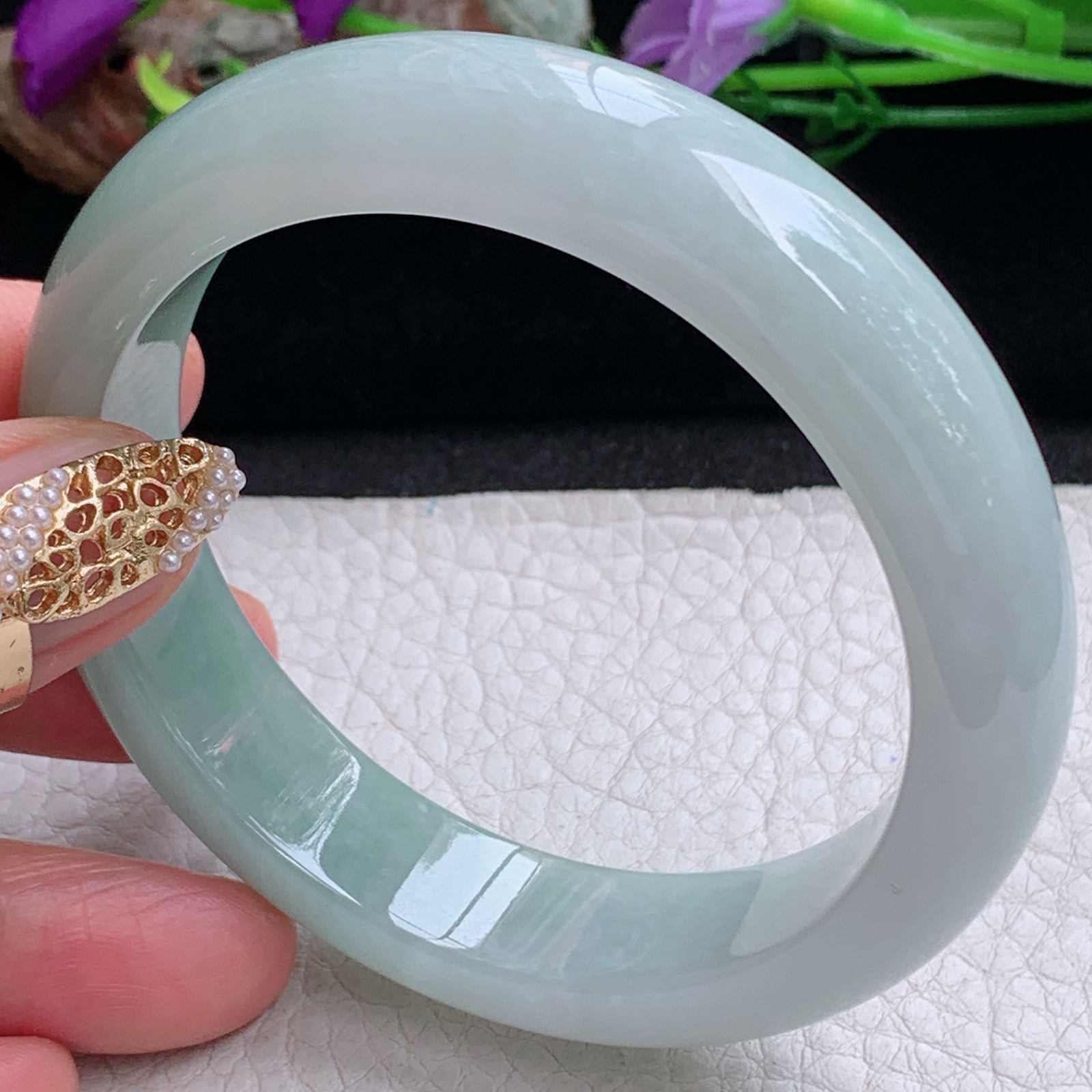 js实拍58*14*8.6招财镯 天然缅甸翡翠a货手镯半山水正圈玉镯子