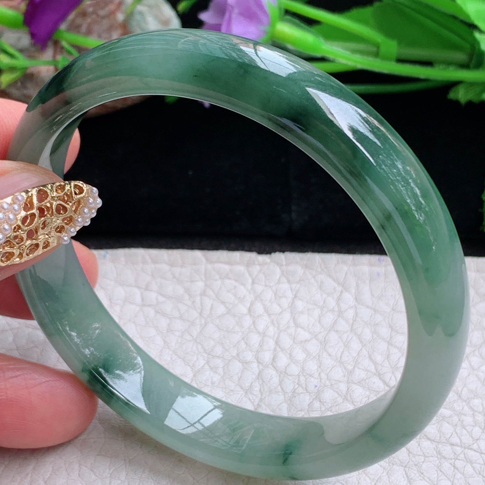 js实拍59*12*7平安镯 天然缅甸翡翠a货手镯冰飘花正圈玉镯子