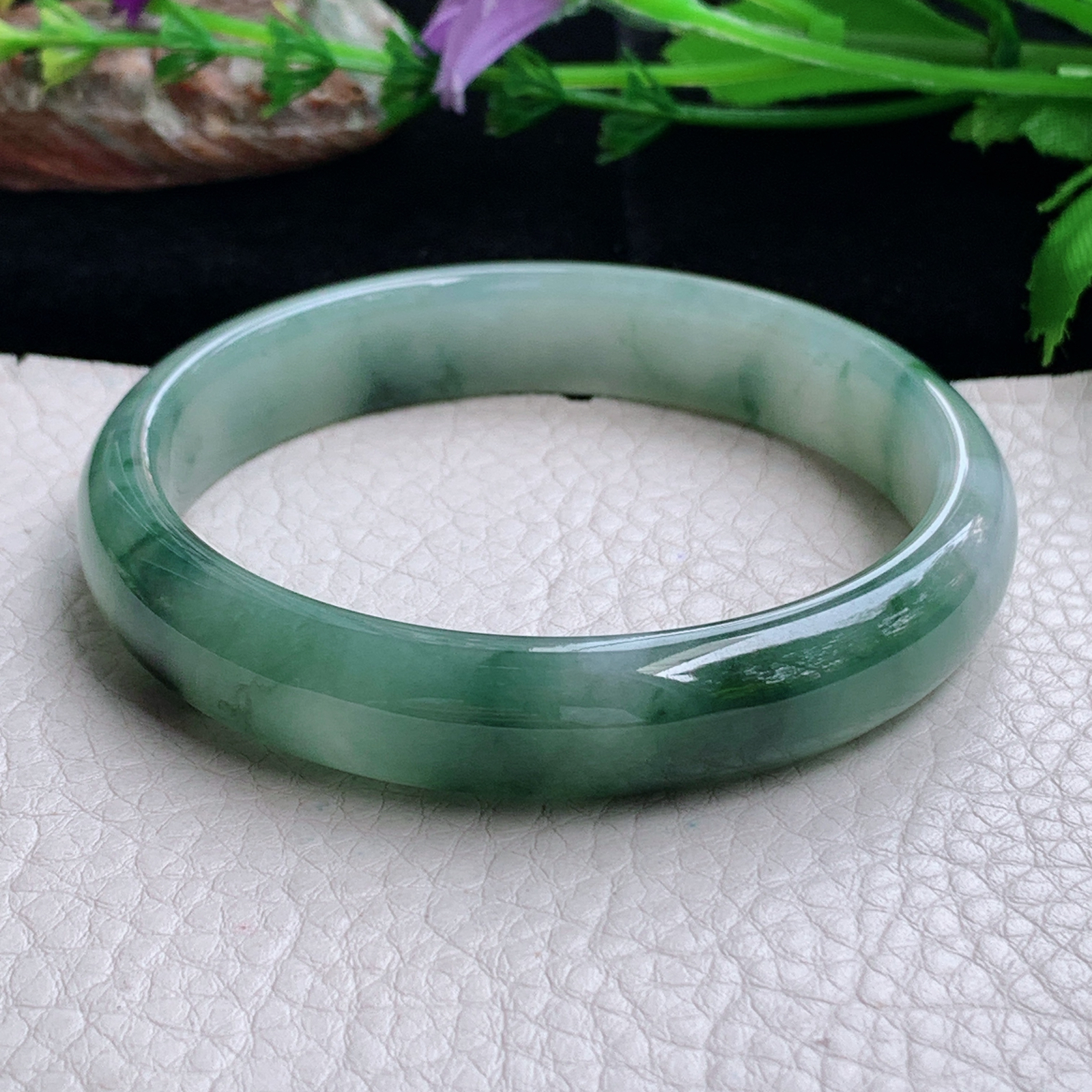 js实拍59*12*7平安镯 天然缅甸翡翠a货手镯冰飘花正圈玉镯子