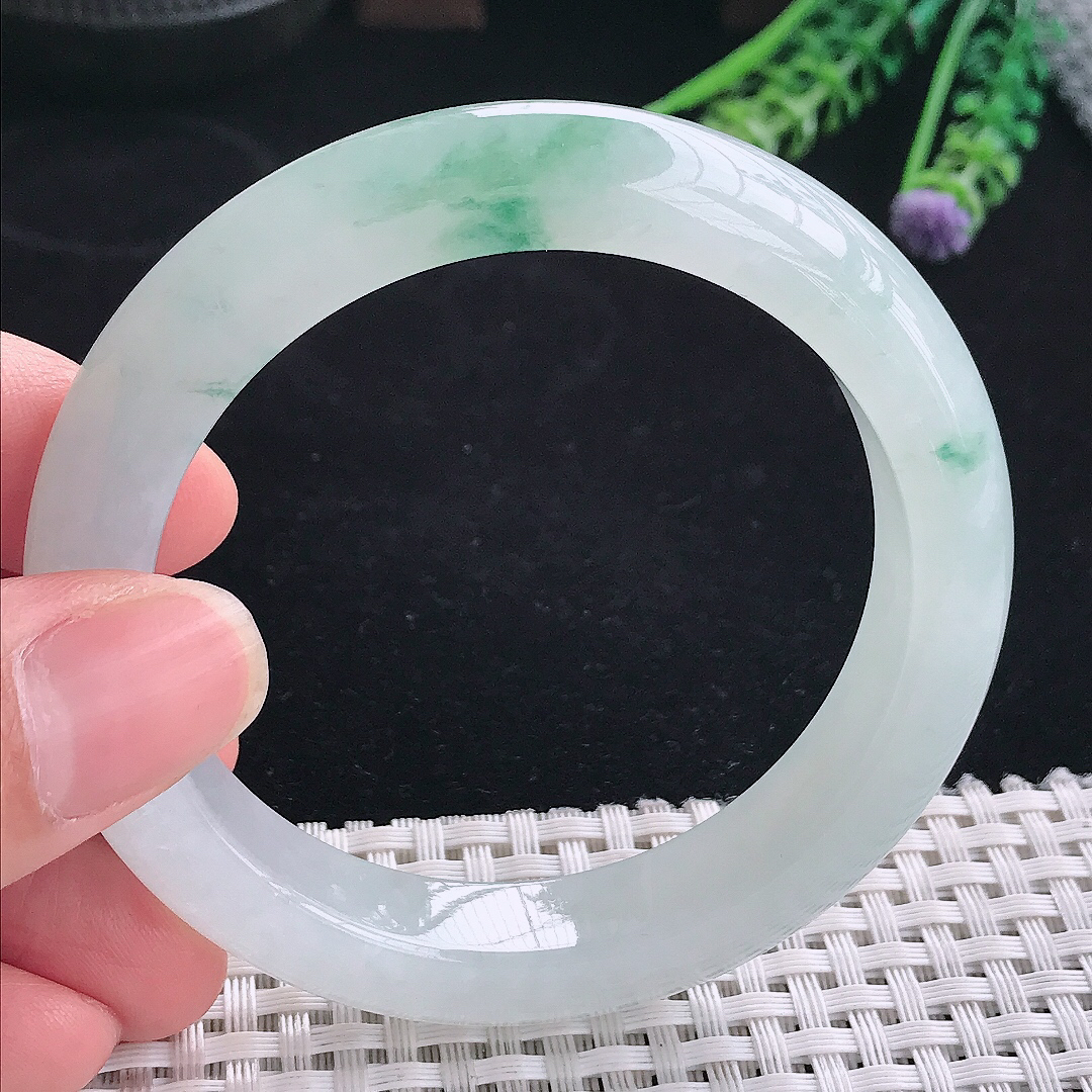 实拍A货翡翠55/11.8/9.2老坑冰透起胶冰飘花手镯翡翠宽边玉镯平安镯