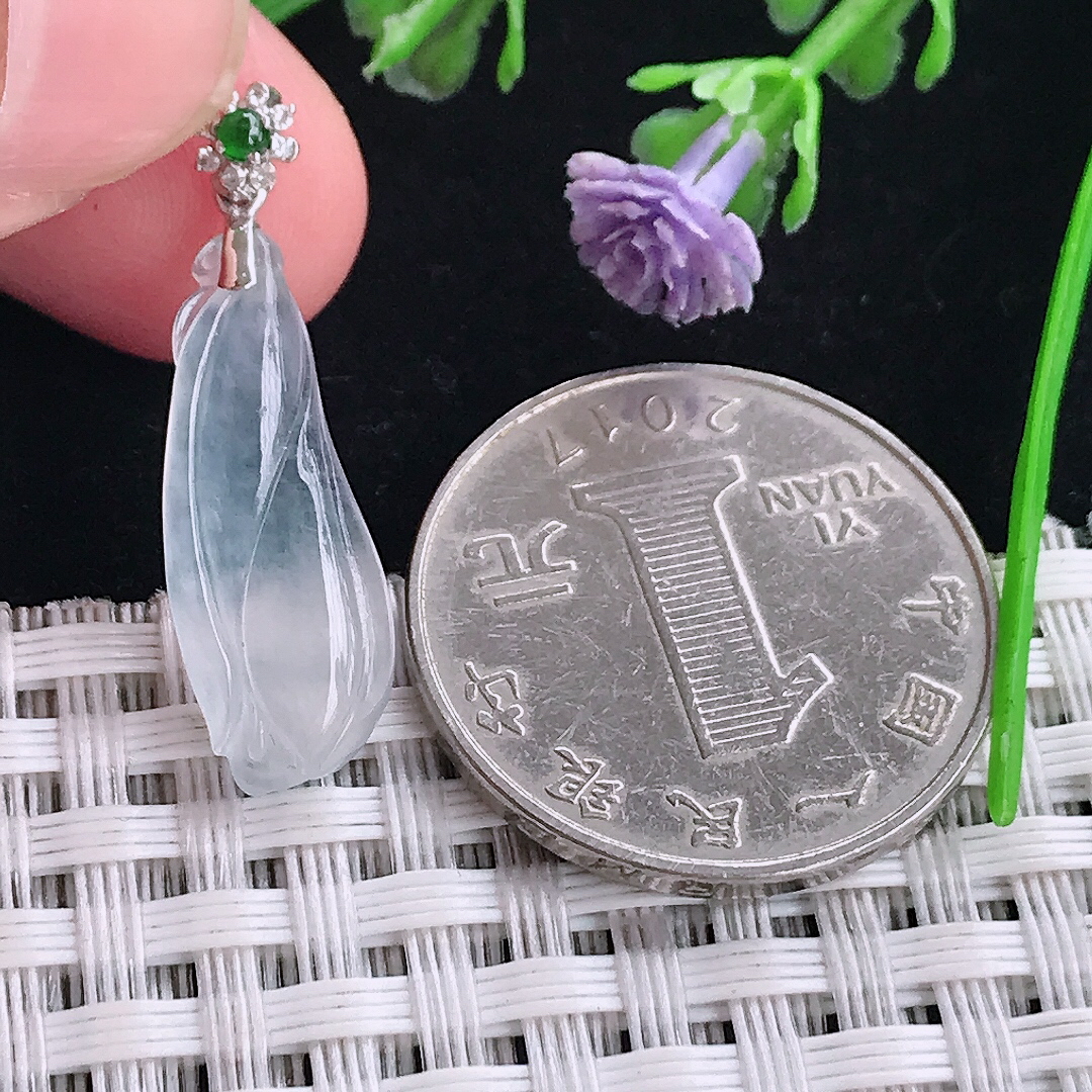 自然光22.8/8.8/4.2老坑18k金镶嵌冰种玉兰花吊坠翡翠玉坠挂件