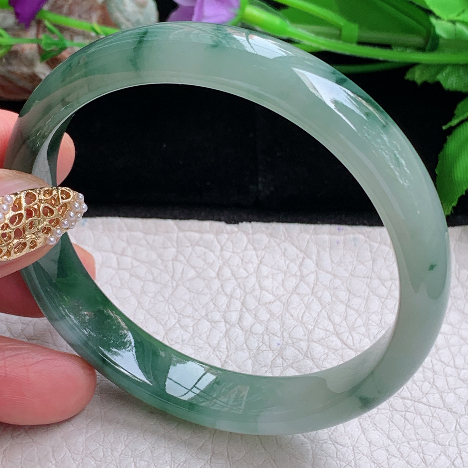 js实拍59*12*7平安镯 天然缅甸翡翠a货手镯冰飘花正圈玉镯子