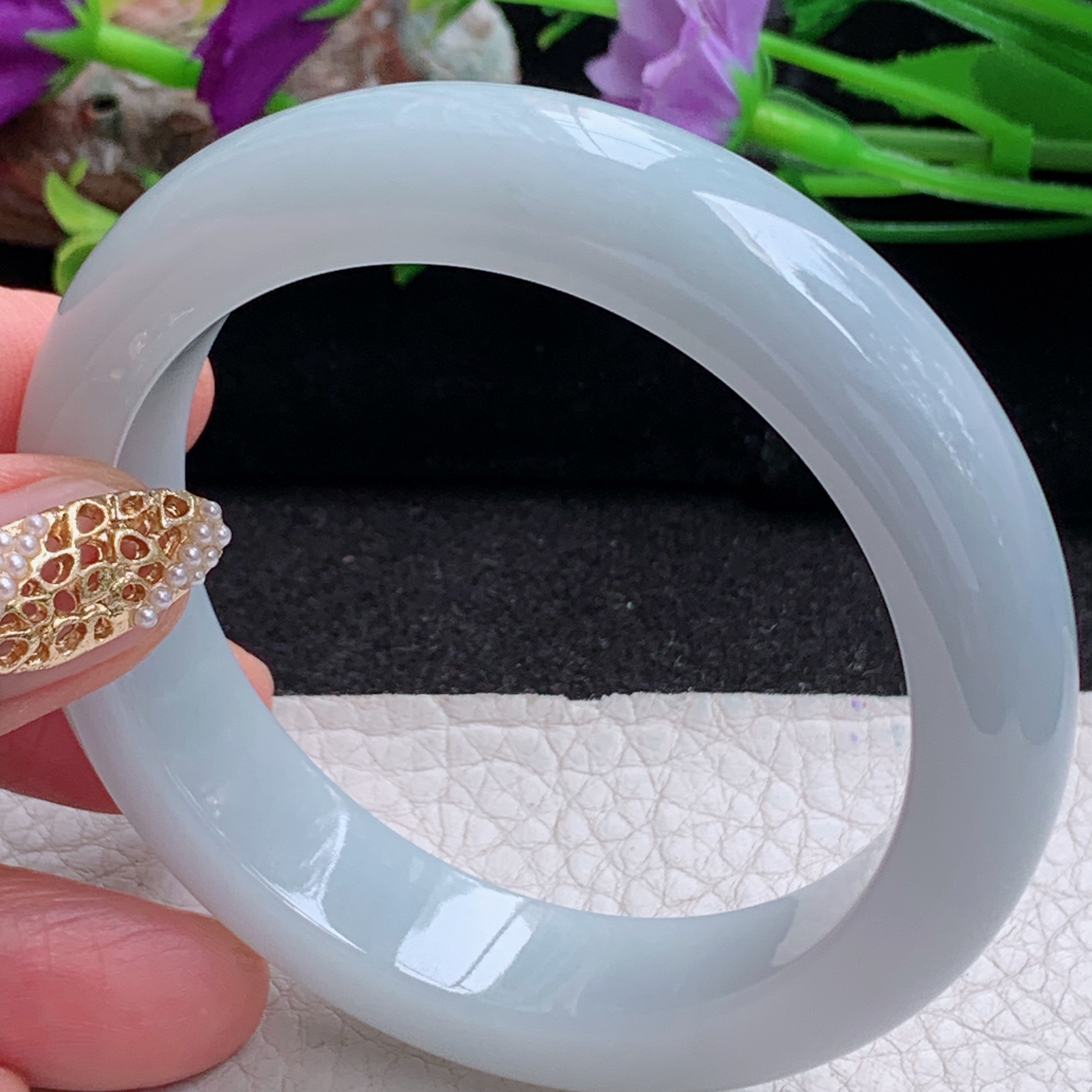 z实拍54.5*13.2*8.8平安镯 天然缅甸翡翠a货手镯淡蓝紫底正圈玉镯子