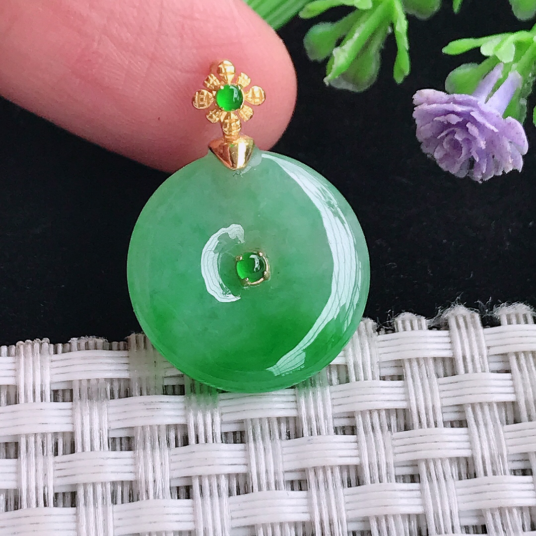 自然光18.4/4老坑18k金镶嵌满绿冰阳绿平安扣吊坠翡翠玉扣挂件