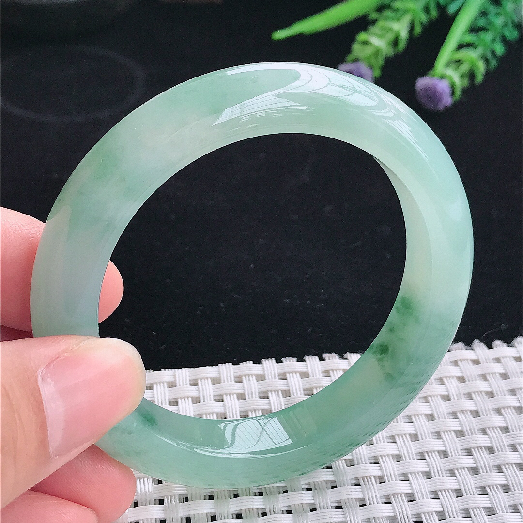 实拍A货翡翠53/11.3/9.1老坑冰胶果冻冰晴飘花手镯平安镯