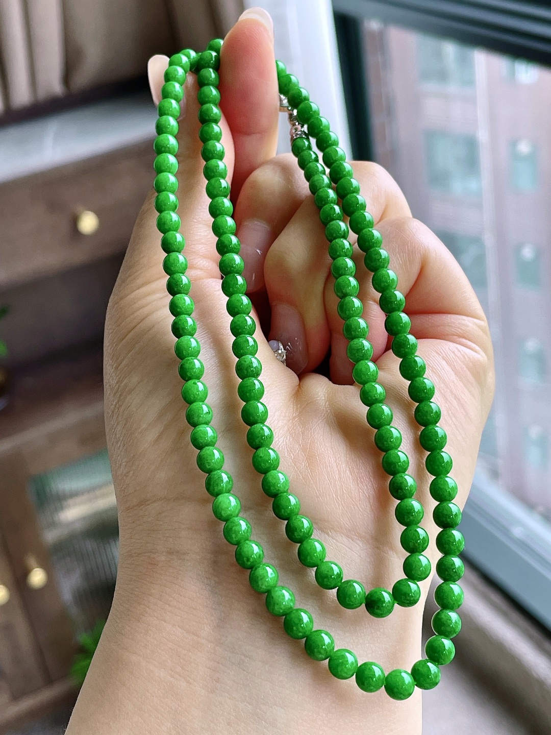 珠子，冰阳绿珠链圆珠珠子珠链，性比高，4.6-5mm，32cm，27.4克