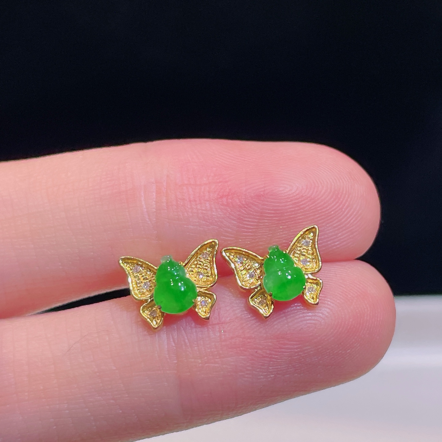 ️ 满绿蝴蝶耳钉 色阳 种老 18k金镶嵌 尺寸7.8/9.8/3.3