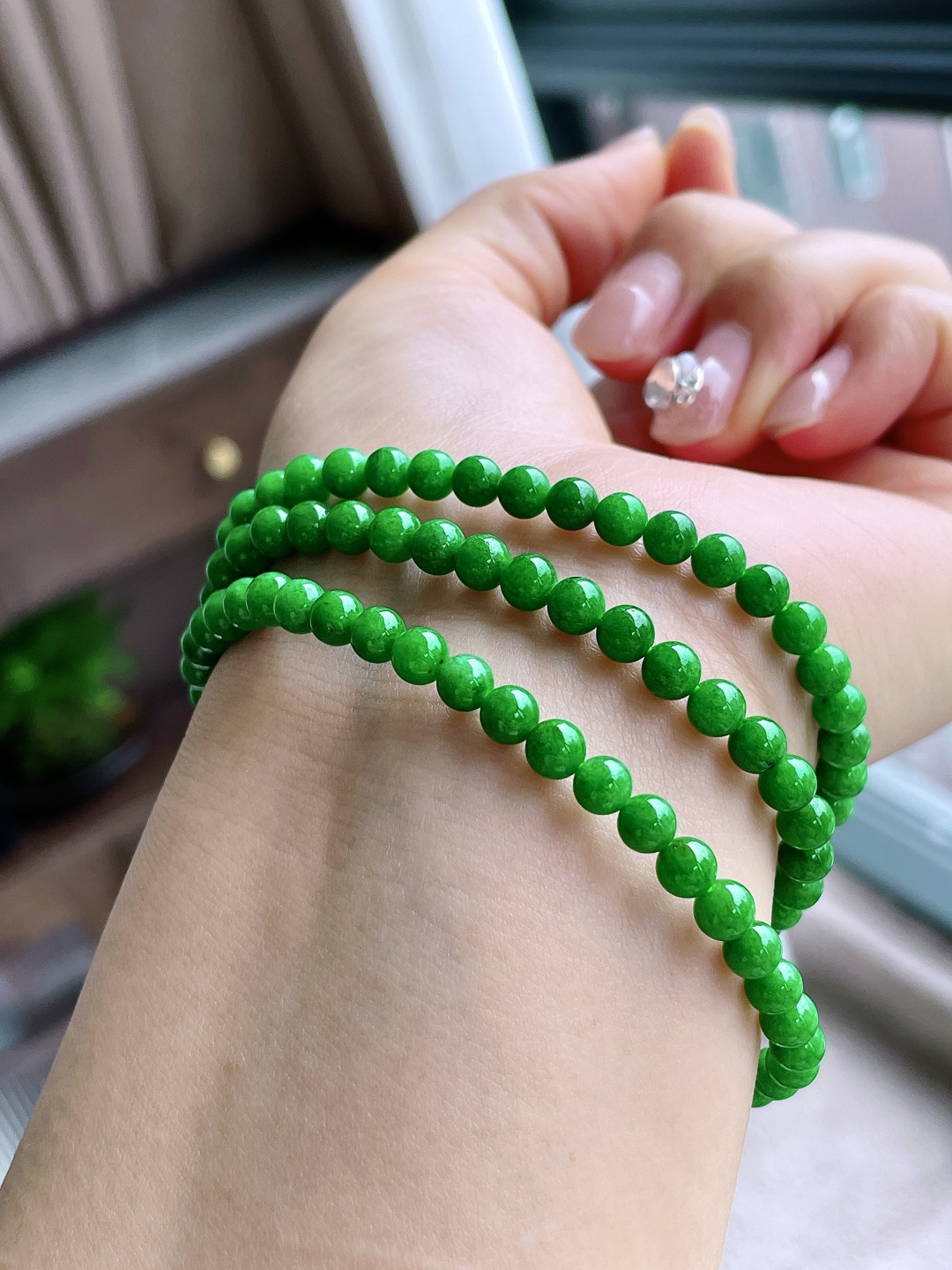 珠子，冰阳绿珠链圆珠珠子珠链，性比高，4.6-5mm，32cm，27.4克