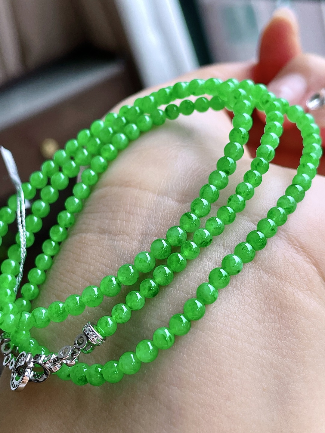 高冰阳绿珠链圆珠珠子珠链，缅料 性比高，3.3mm，28cm，13.2克
