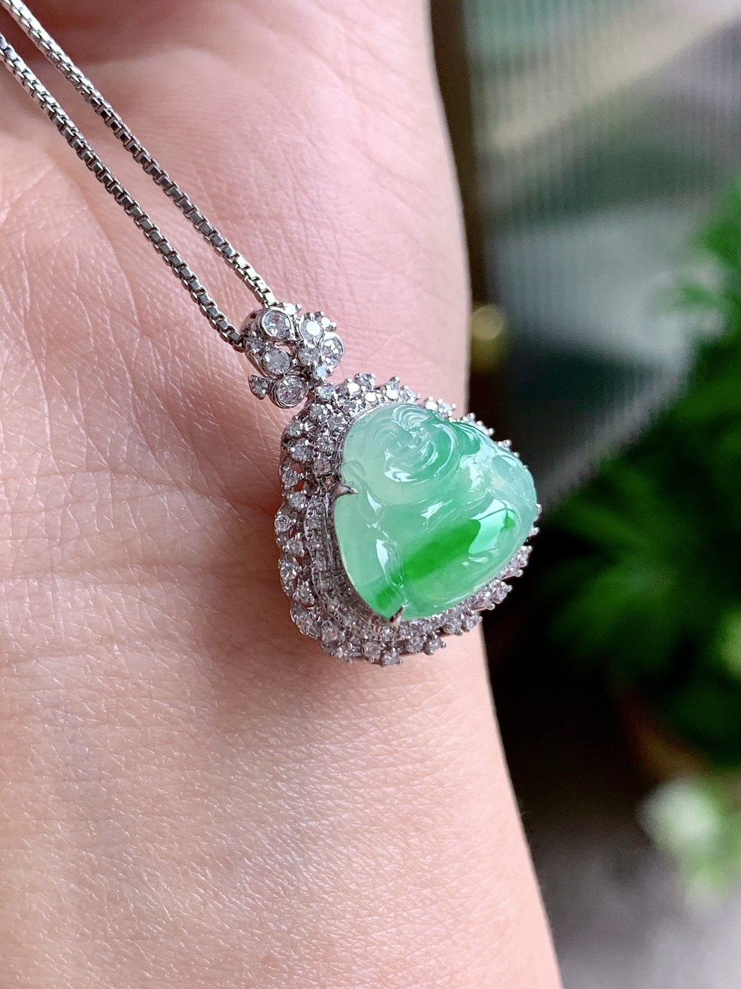 高冰飘绿花佛公吊坠，缅料 18k金镶嵌 无裂 性比高 飘花，22-17.9-10，11.5-12.9-3.3，3.4克