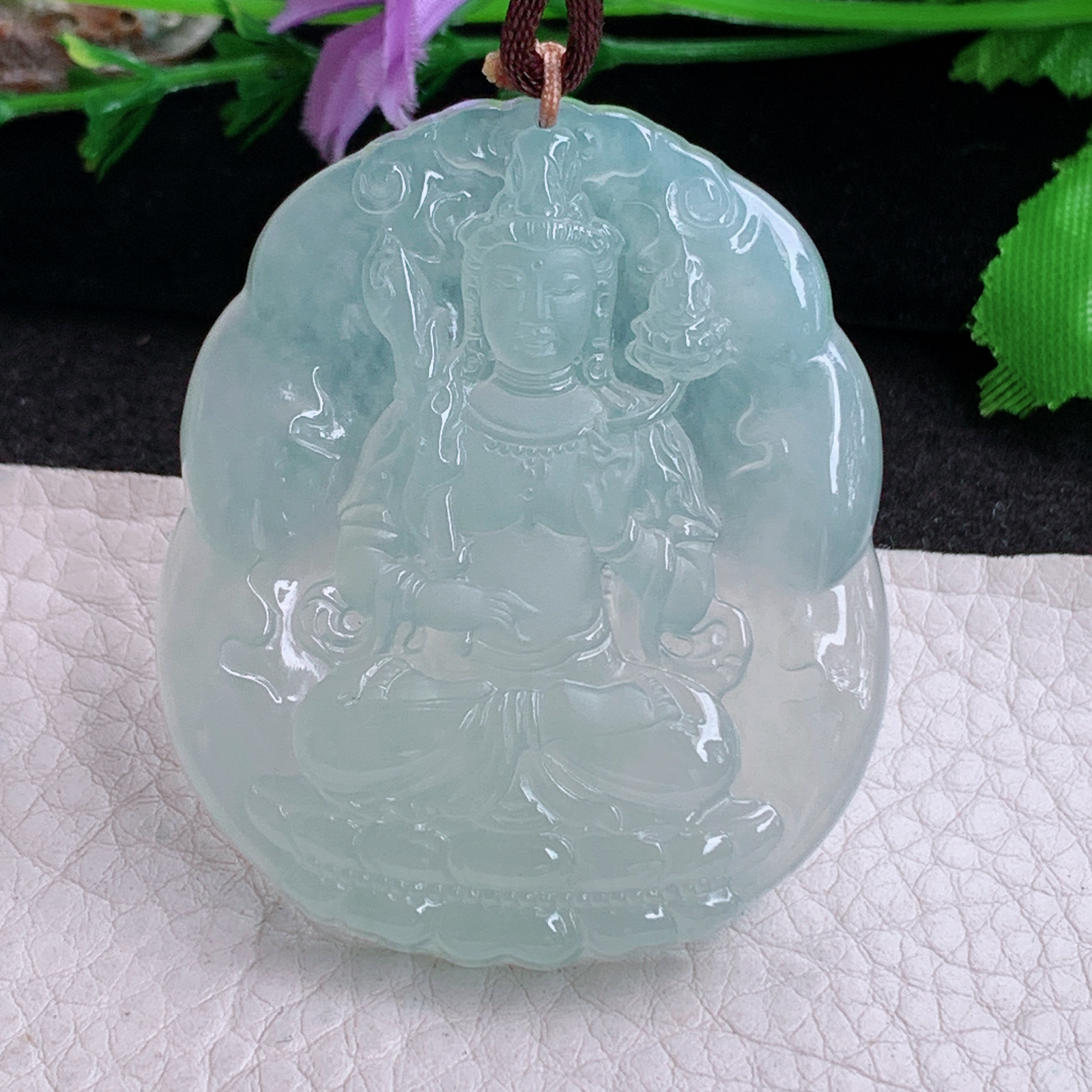 bg实拍50.8*42.6*5.8缅甸翡翠a货精雕冰晴虚空藏菩萨玉吊坠 玉挂件