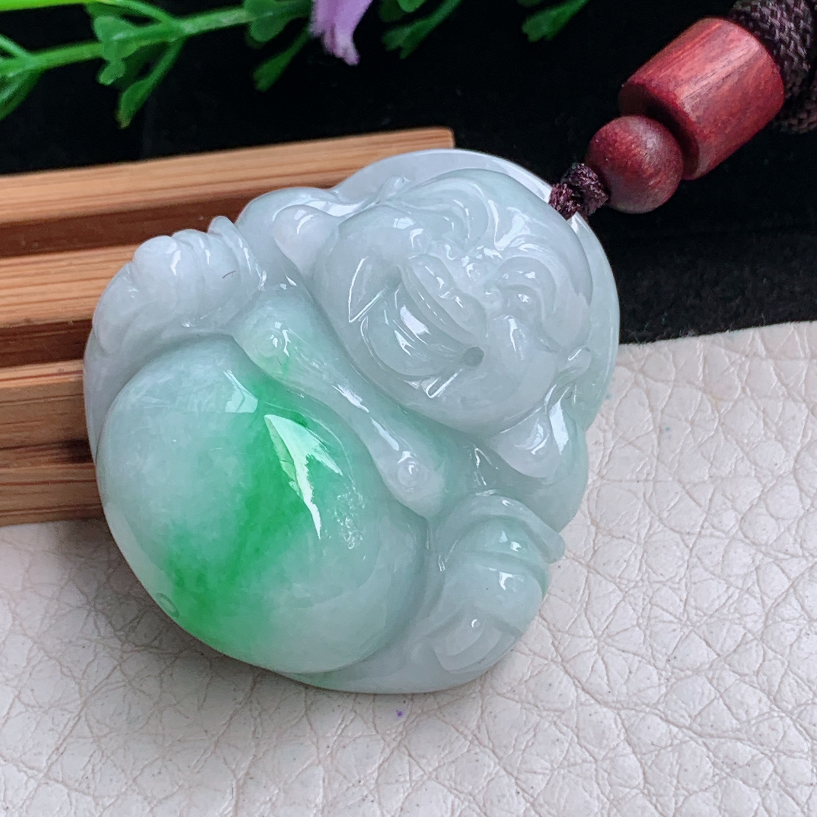 zen实拍37*35*13缅甸翡翠飘绿佛公吊坠大肚弥勒佛玉坠