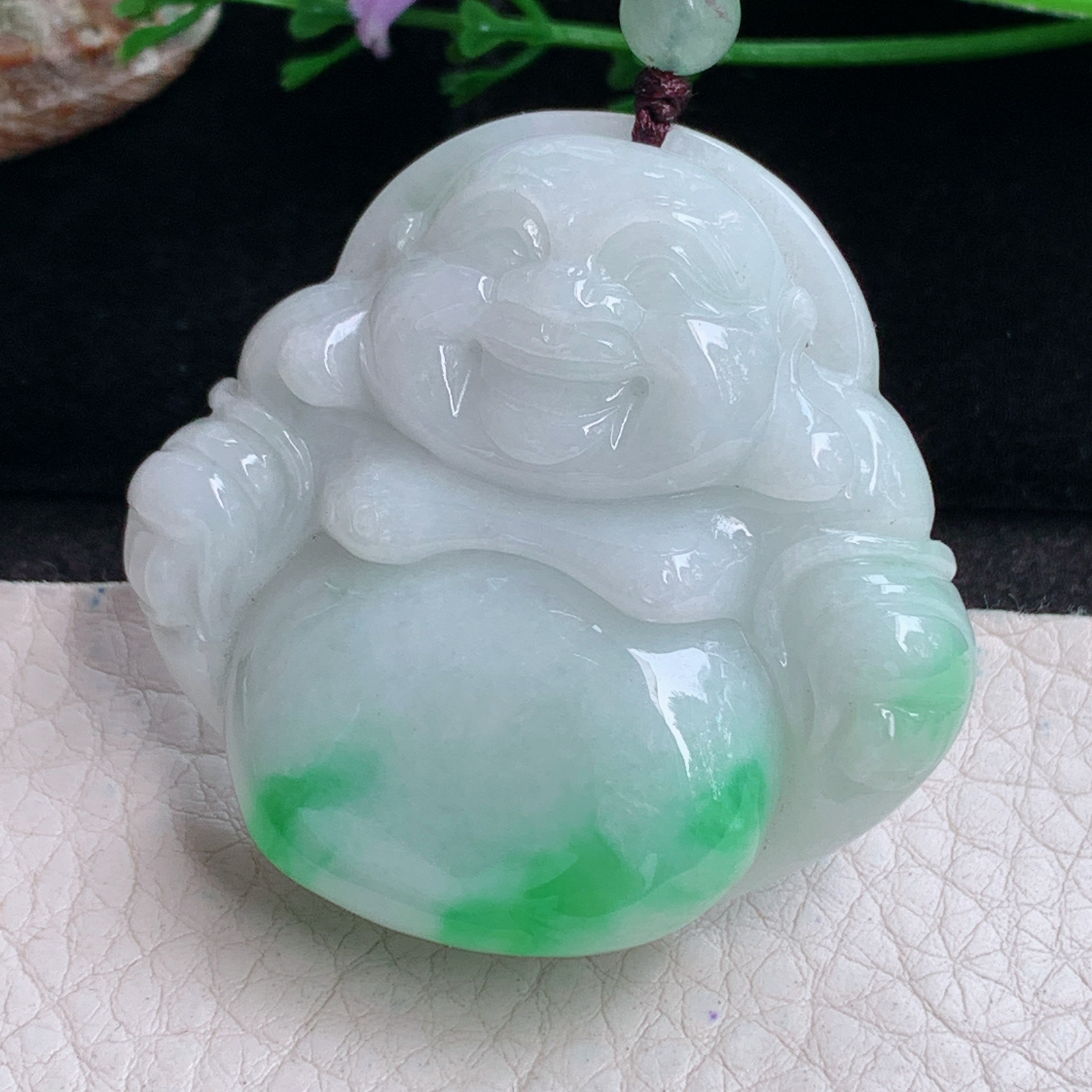zen实拍46*48*12.3缅甸翡翠飘阳绿大佛公吊坠大肚弥勒佛像项坠毛衣坠