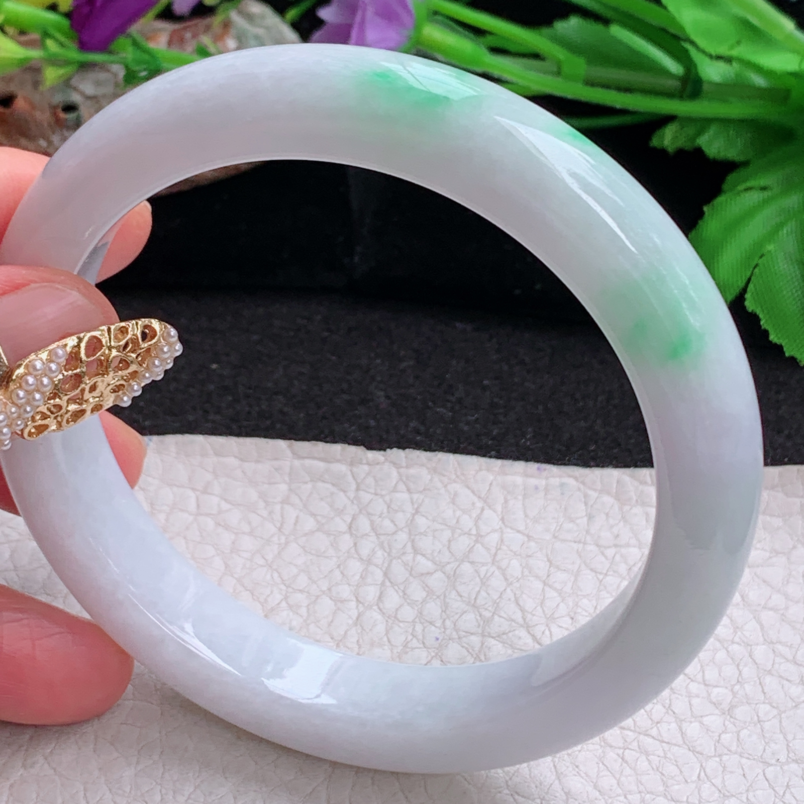 ee大圈口64.5*12*9.3平安镯 天然缅甸翡翠a货白底青大气正圈玉镯子