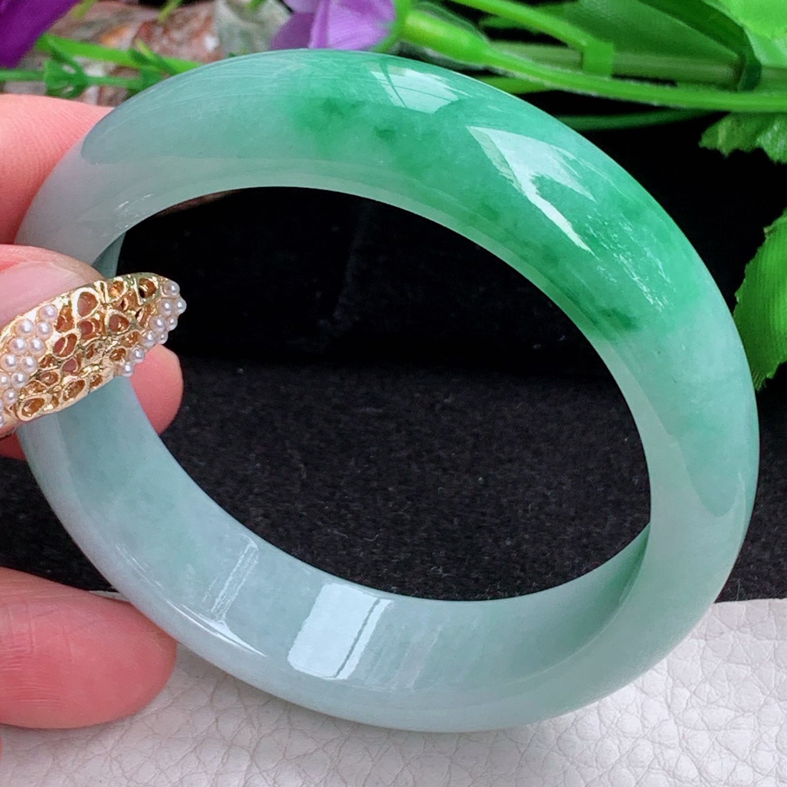 js实拍55.5*15.8*7.6轮胎镯 天然缅甸翡翠a货手镯女款辣绿正圈玉镯子