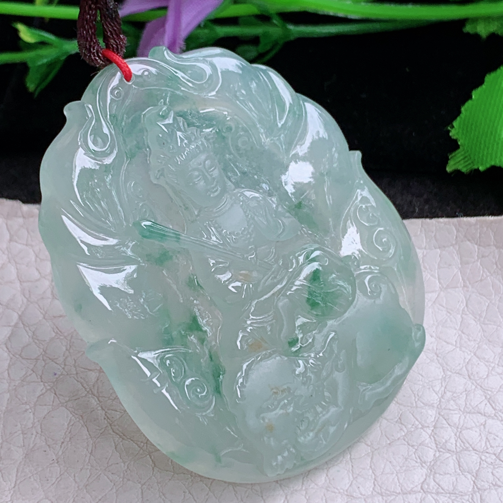 bg实拍52*43.8*5.5缅甸翡翠a货精雕冰飘花普贤菩萨玉吊坠 玉挂件