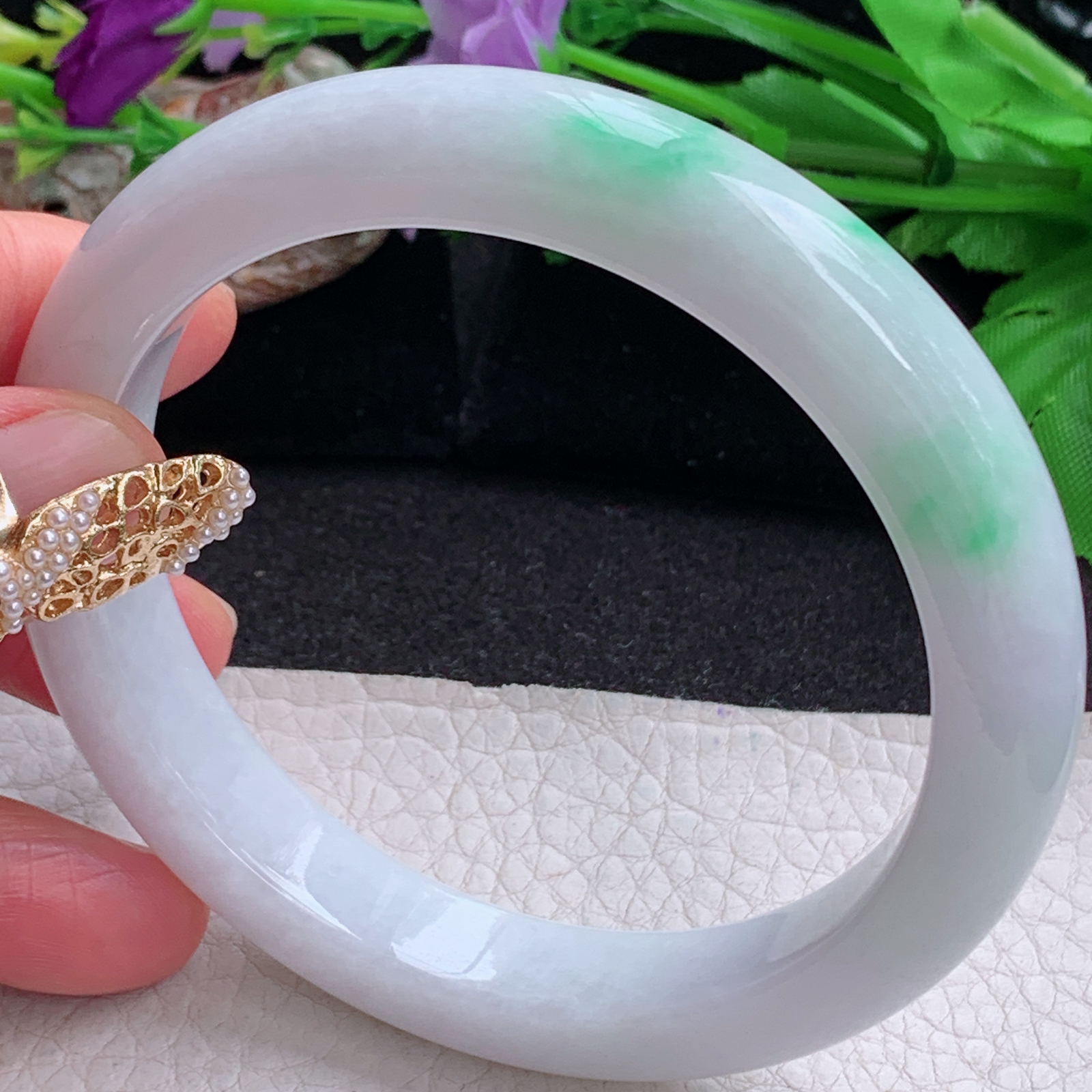 ee大圈口64.5*12*9.3平安镯 天然缅甸翡翠a货白底青大气正圈玉镯子