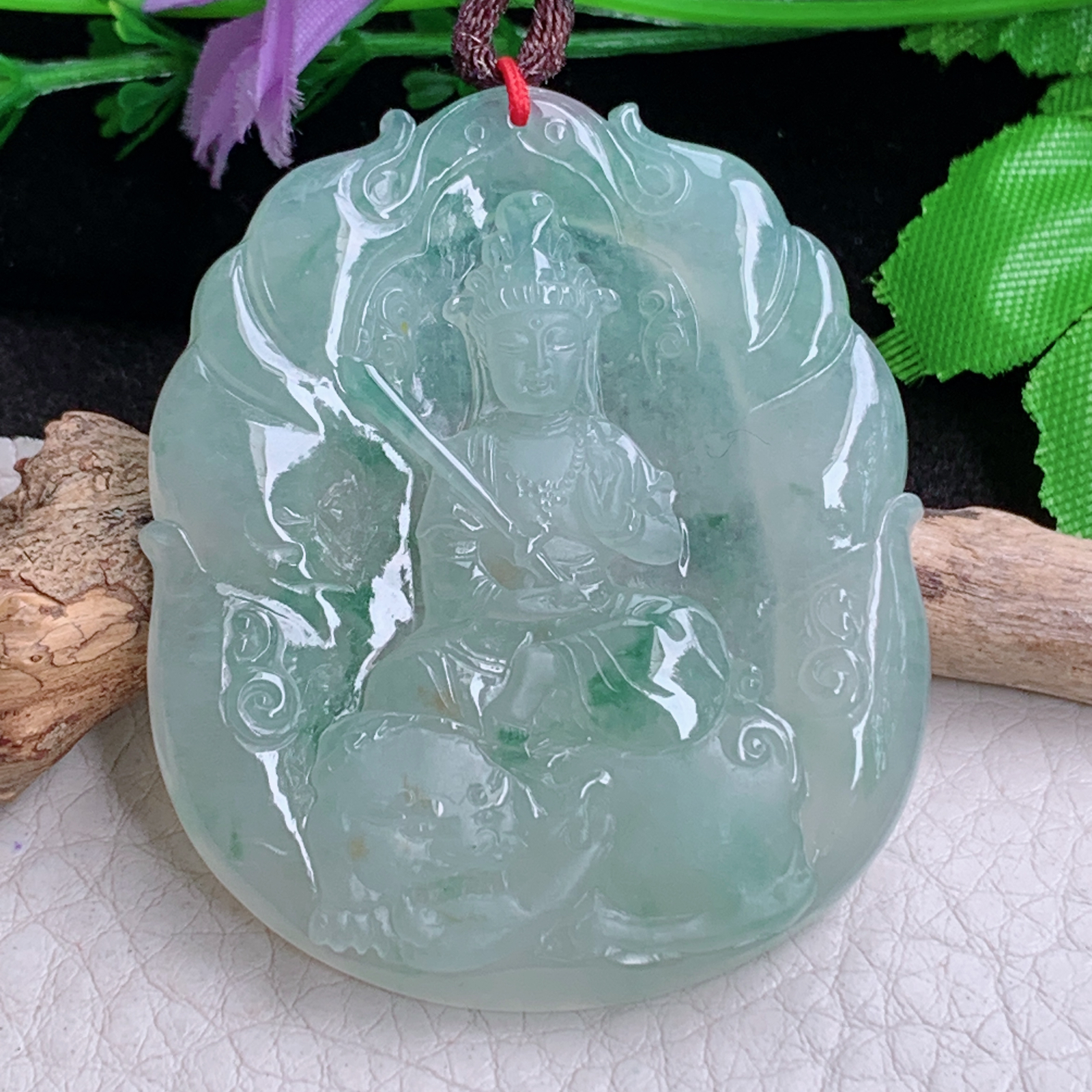 bg实拍52*43.8*5.5缅甸翡翠a货精雕冰飘花普贤菩萨玉吊坠 玉挂件